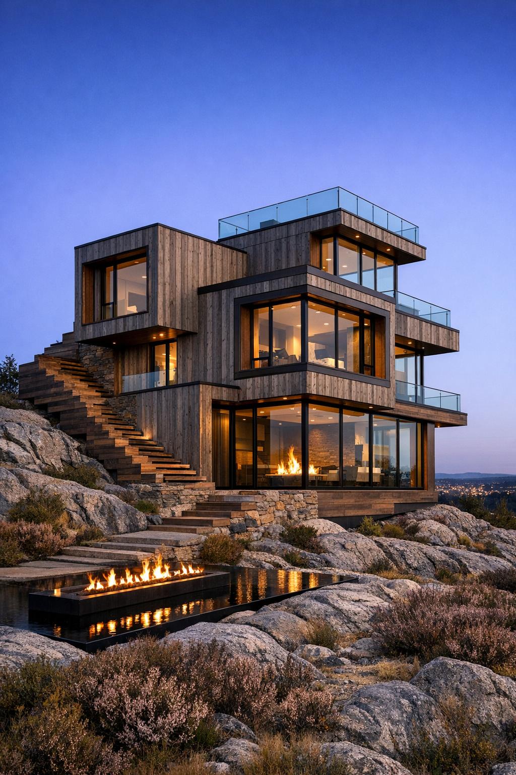 Tiered wooden house with expansive glass walls on a rocky hillside at dusk