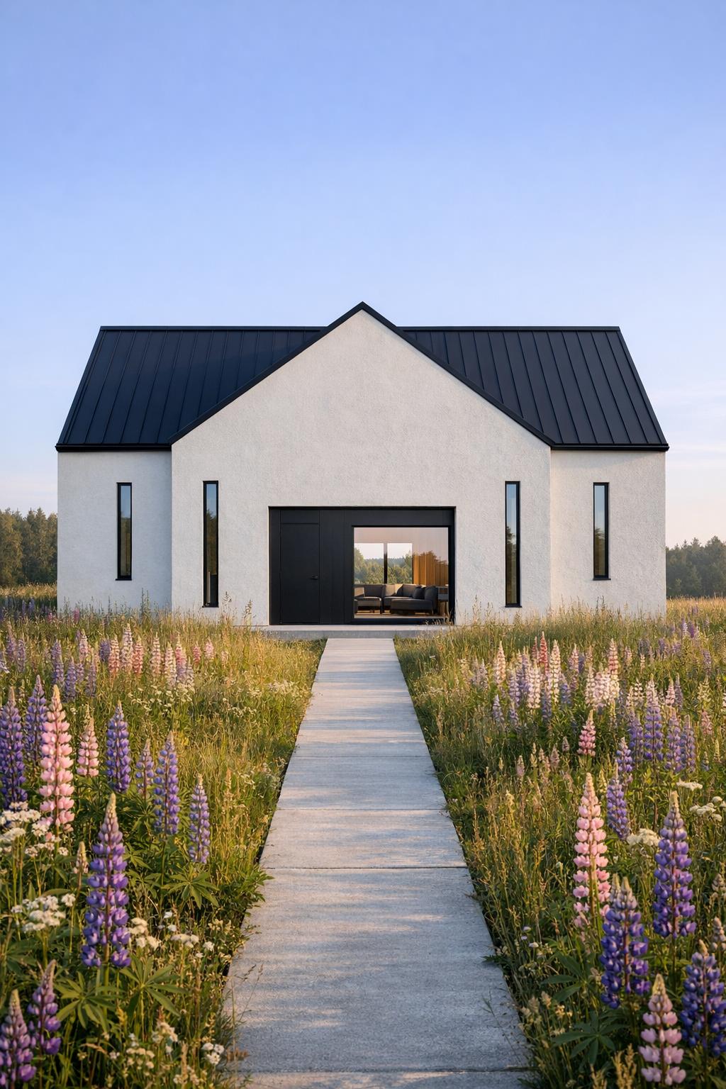 Modern white gable cabin in wildflower meadow