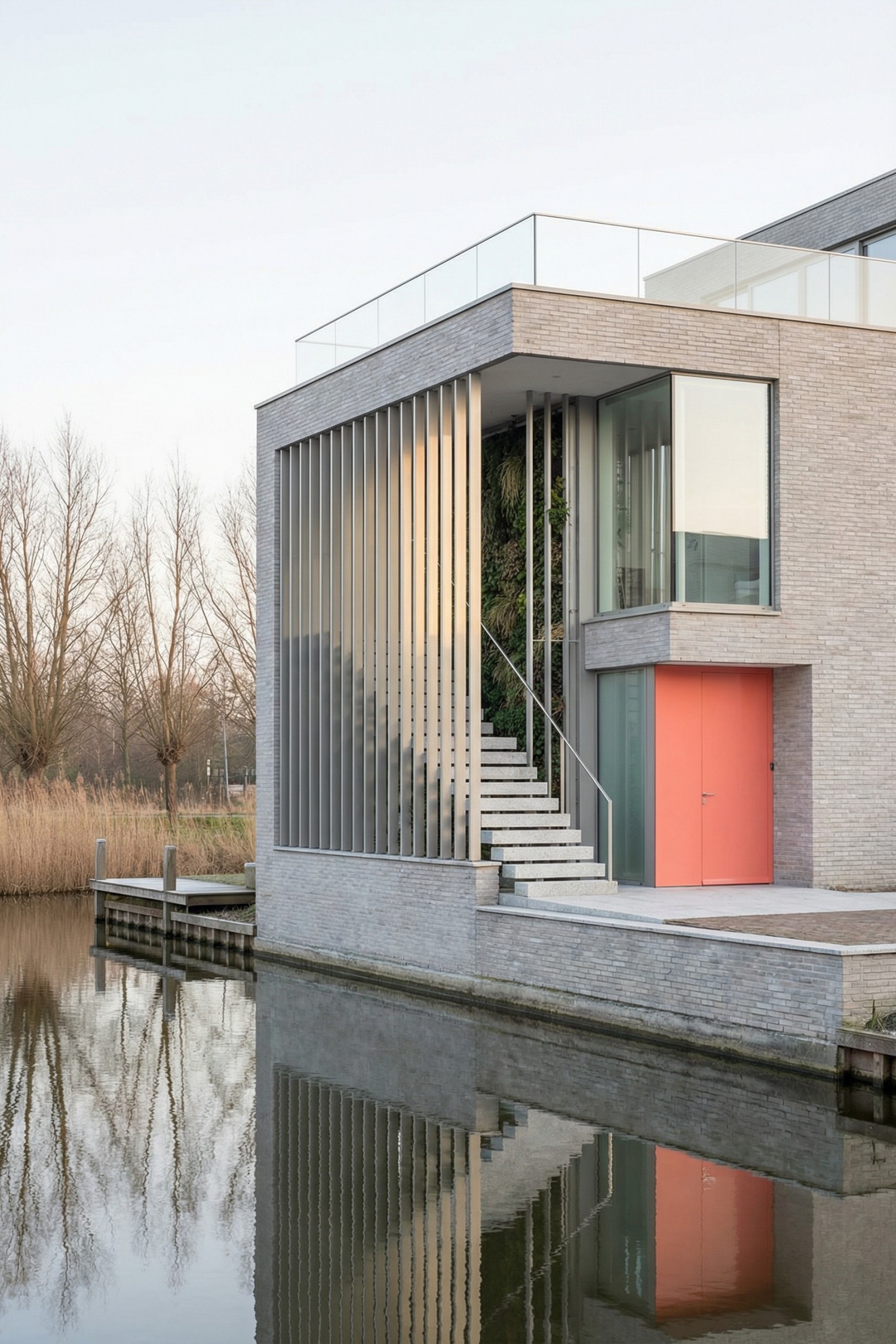 Waterfront house with tall louvered stairwell