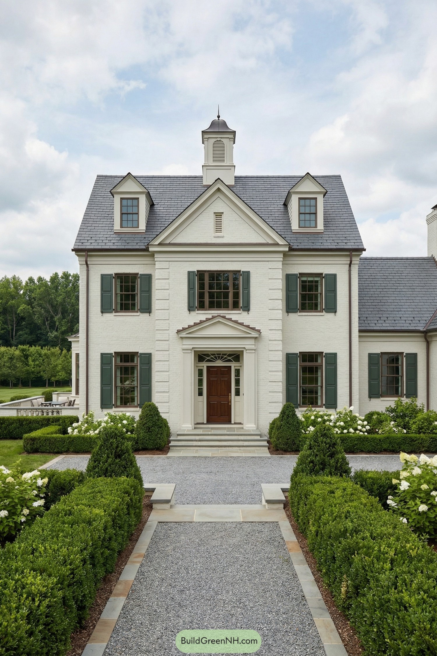 Elegant white brick colonial with slate roof, green shutters, and formal hedged walkway