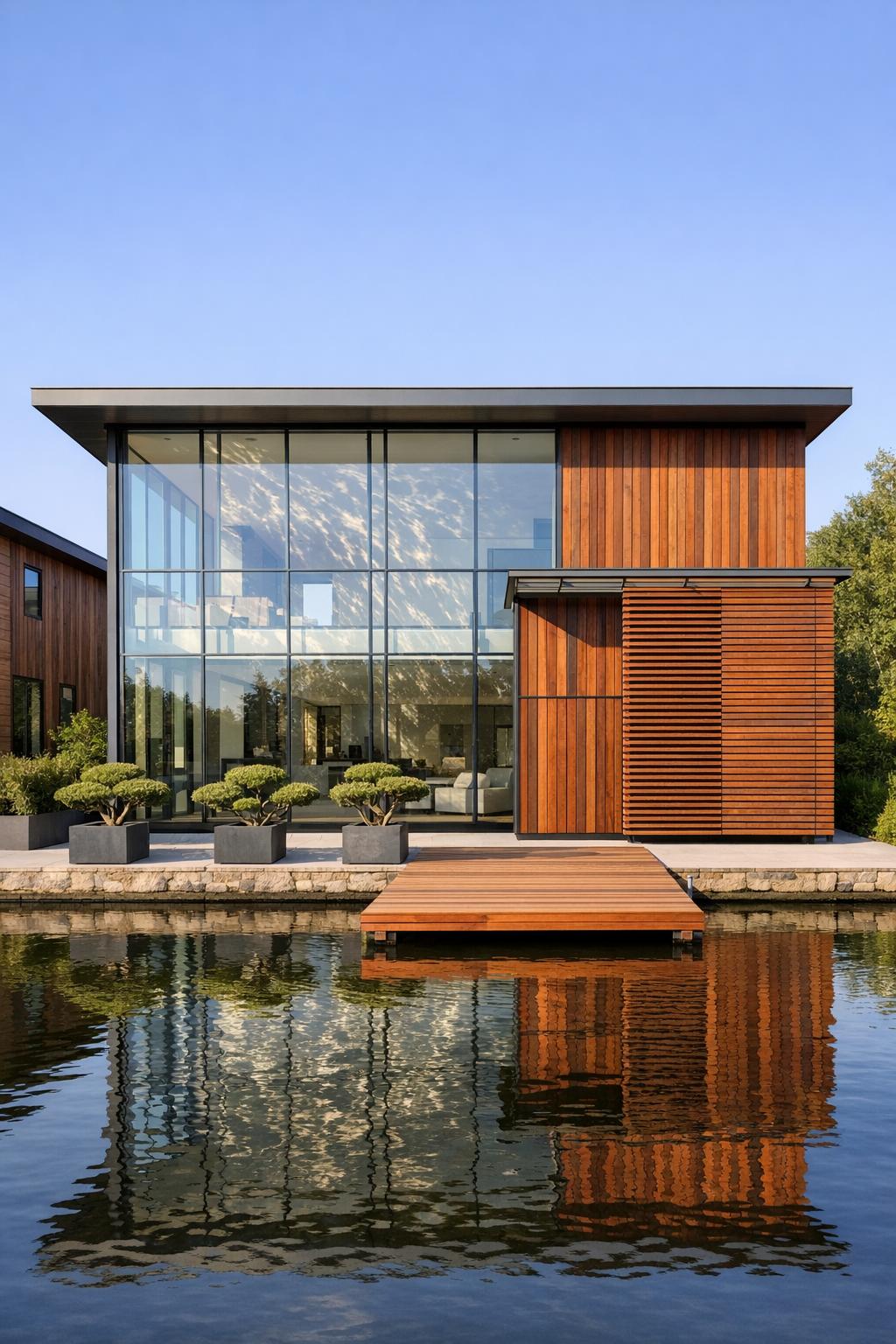 Modern lakeside house with tall glass façade and warm vertical wood siding