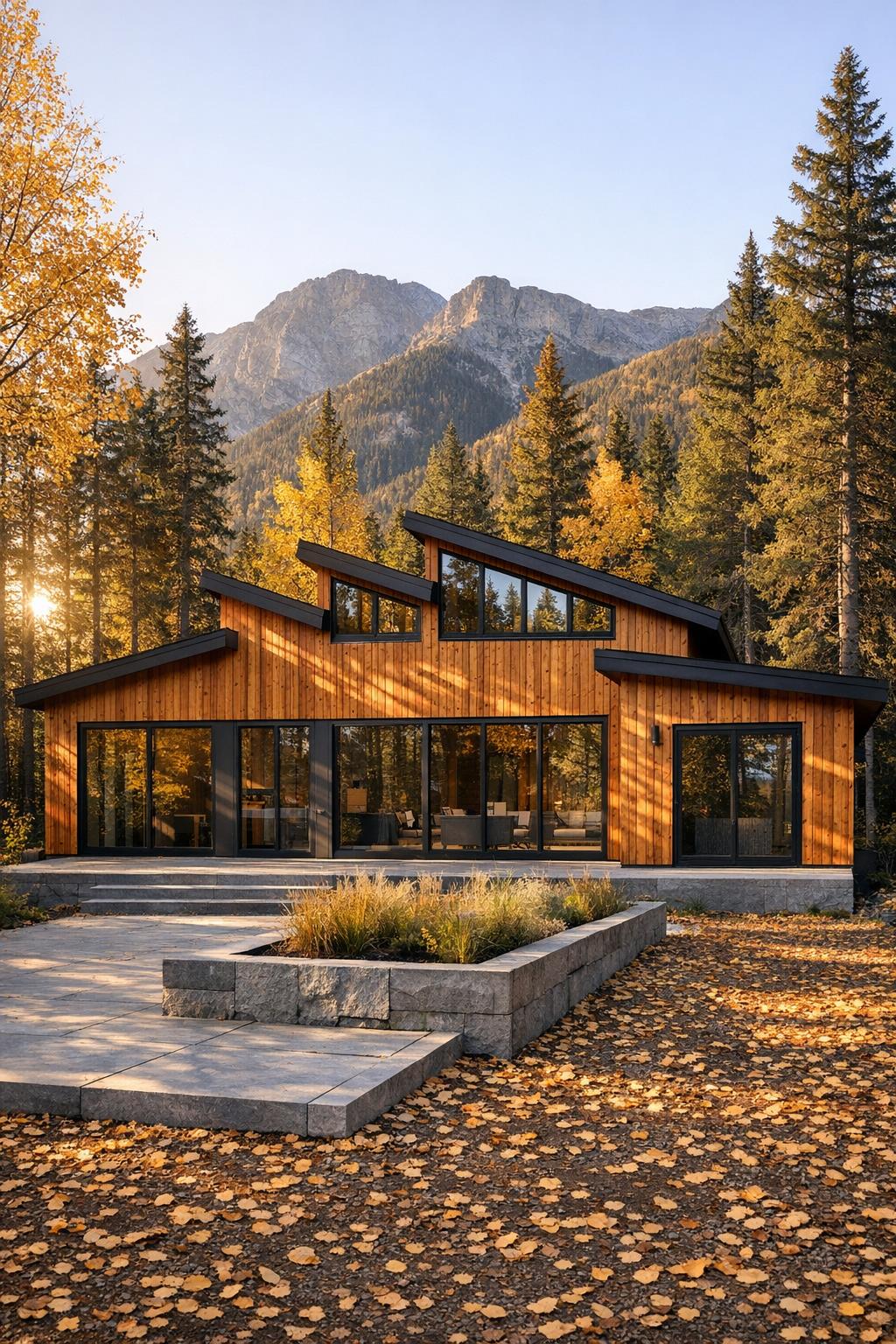 Modern timber cabin with tiered roof and full-height glass facing a mountain forest