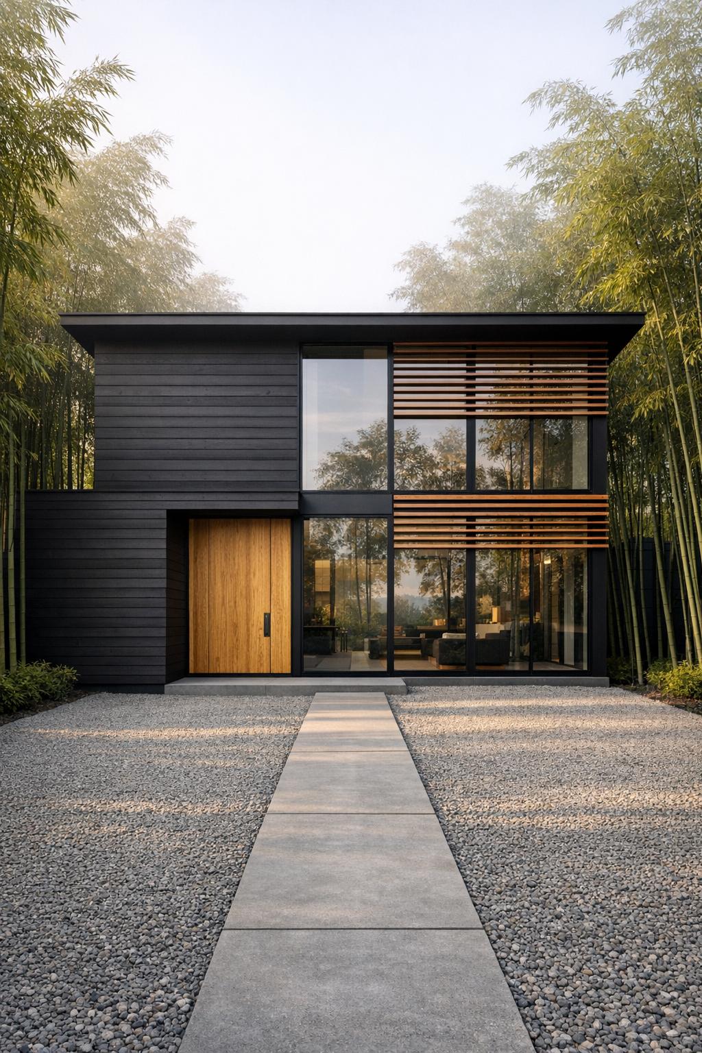 Full frame view of a modern timber cabin in a minimalist gravel courtyard surrounded by tall bamboo facade in smooth horizontal cedar boards stained