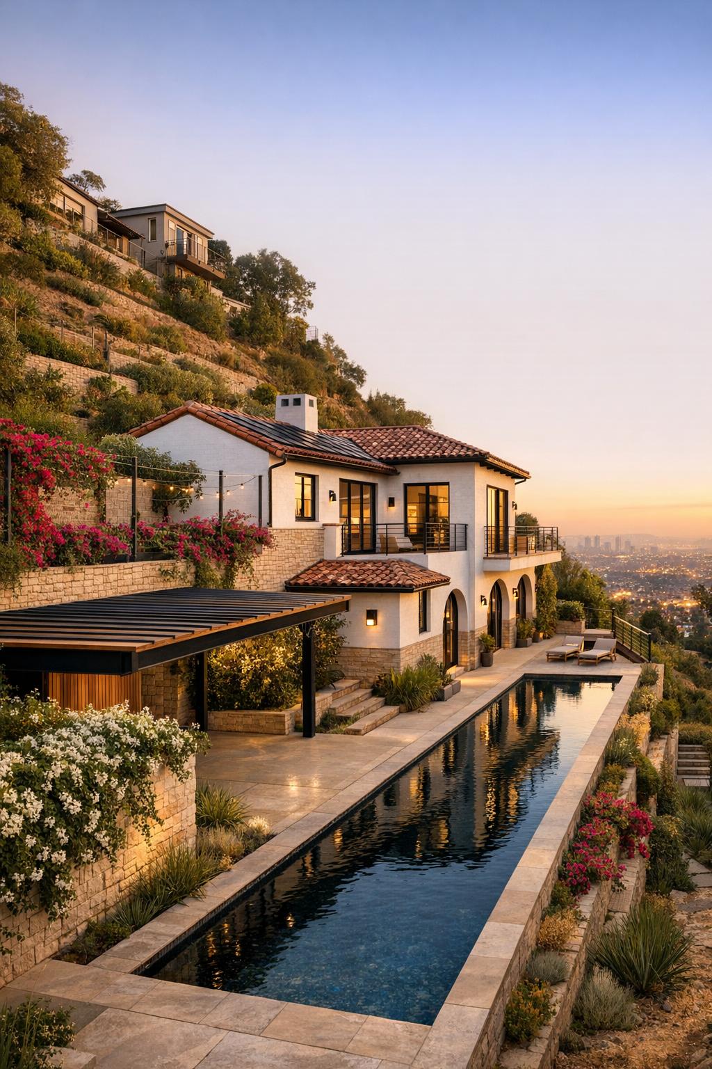 Hillside Spanish villa with narrow pool and city views at sunset