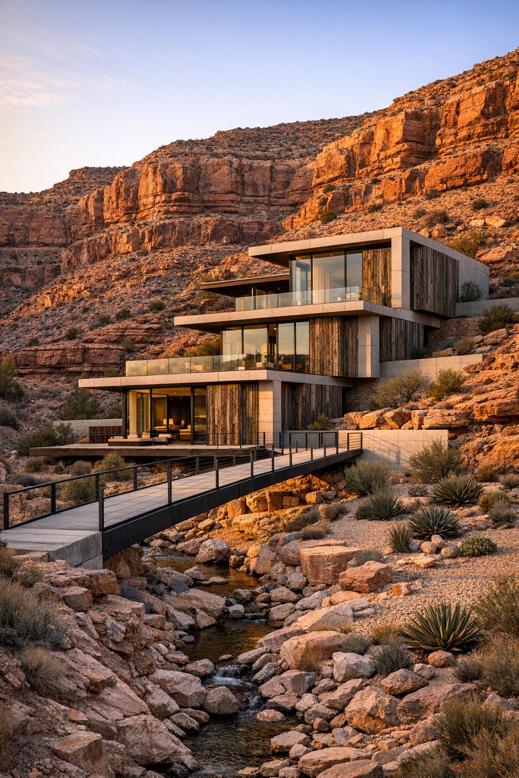 Tiered modern house of glass and weathered wood set into a rocky desert canyon