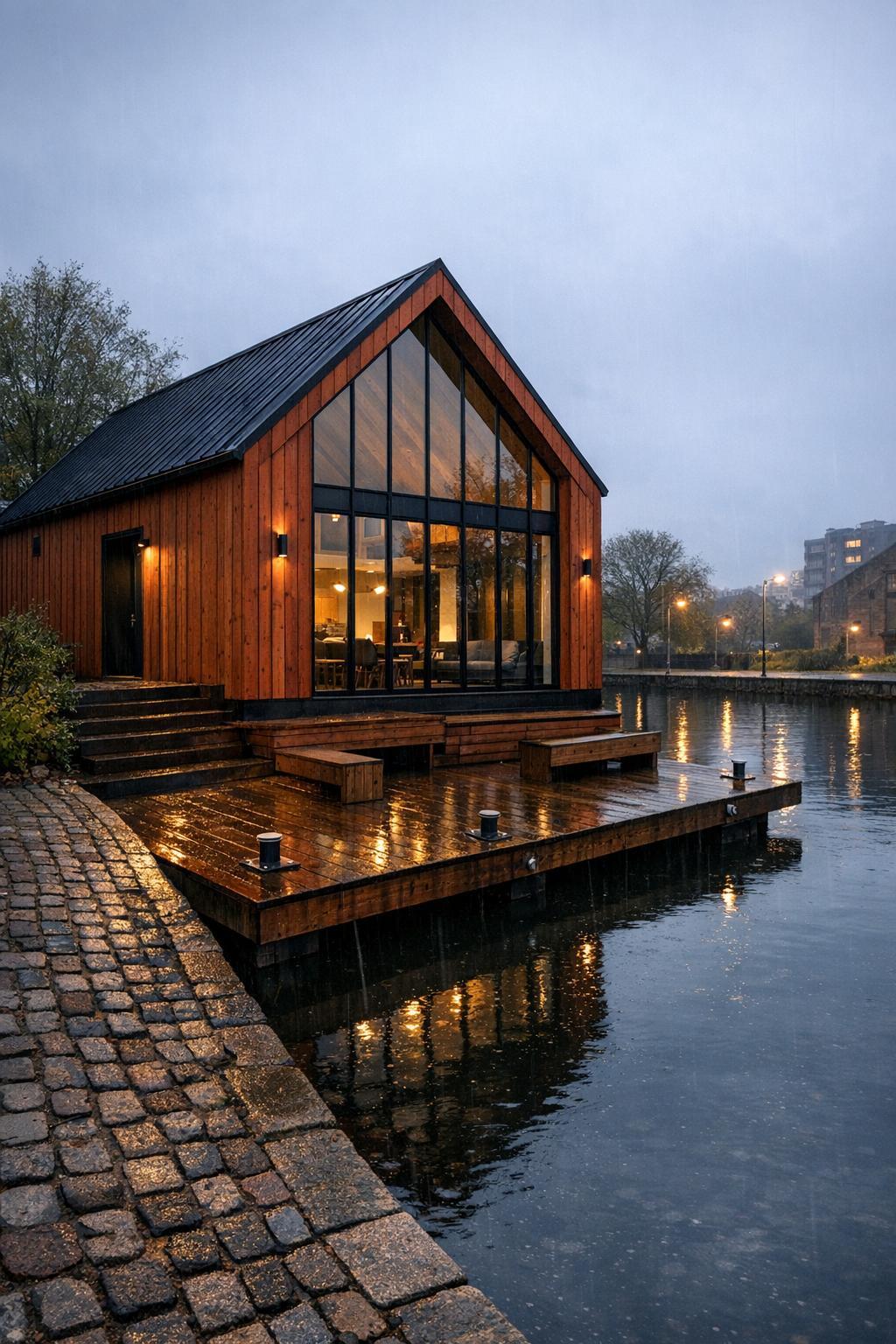 Modern timber cabin with tall glass facade beside a calm canal at dusk