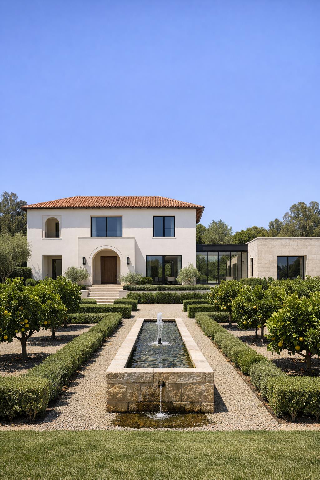 Elegant Spanish style villa with central fountain, citrus grove, and clipped hedges