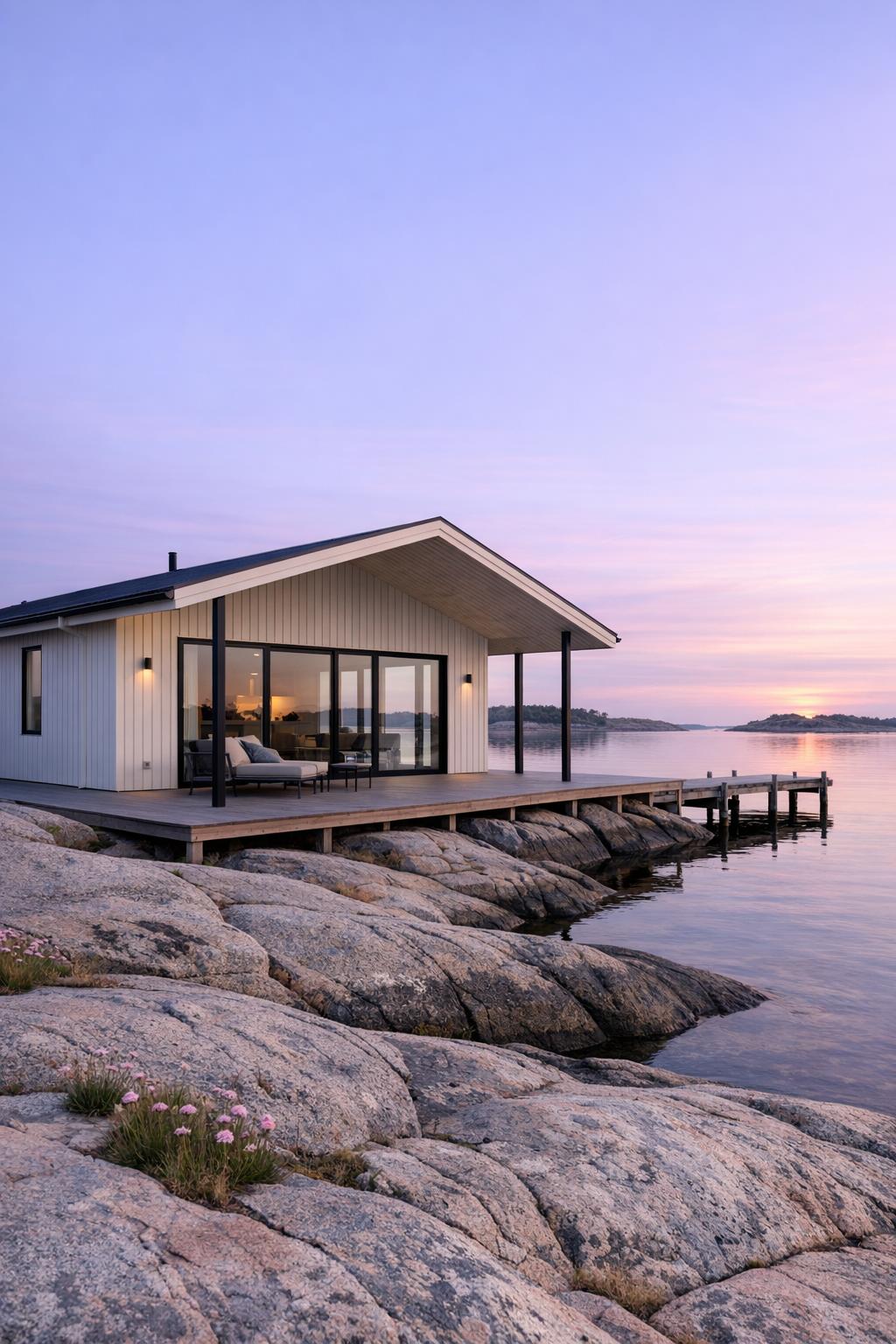 Waterfront Scandinavian cabin on rocky shoreline at dusk