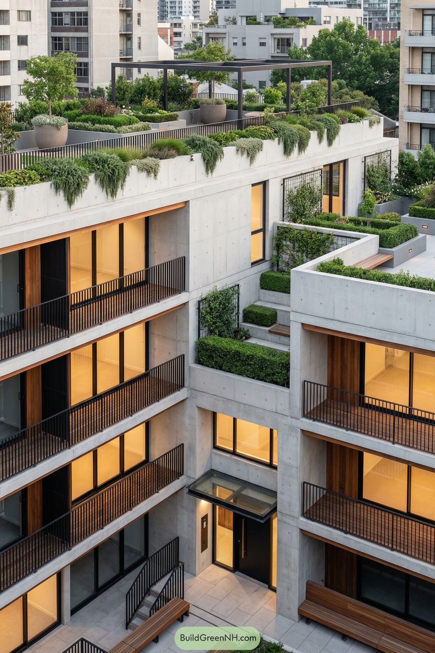 Modern concrete apartment building with layered roof and courtyard gardens