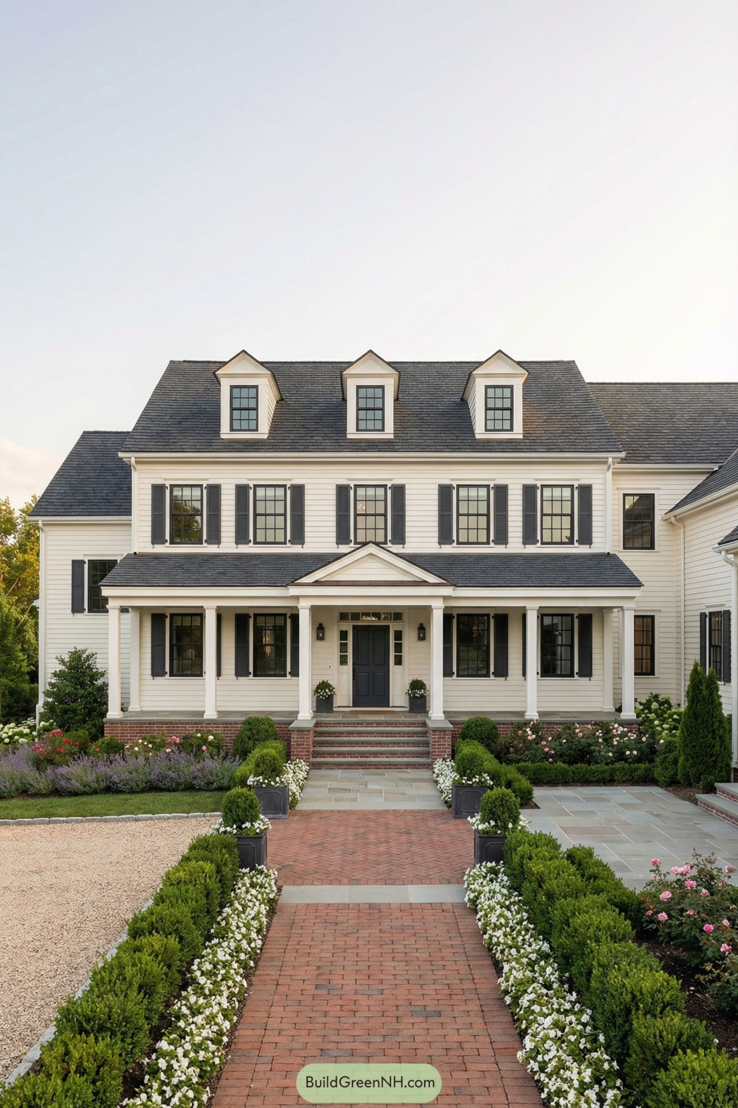 White clapboard colonial home with black shutters, broad front porch, brick walkway, and lush formal landscaping