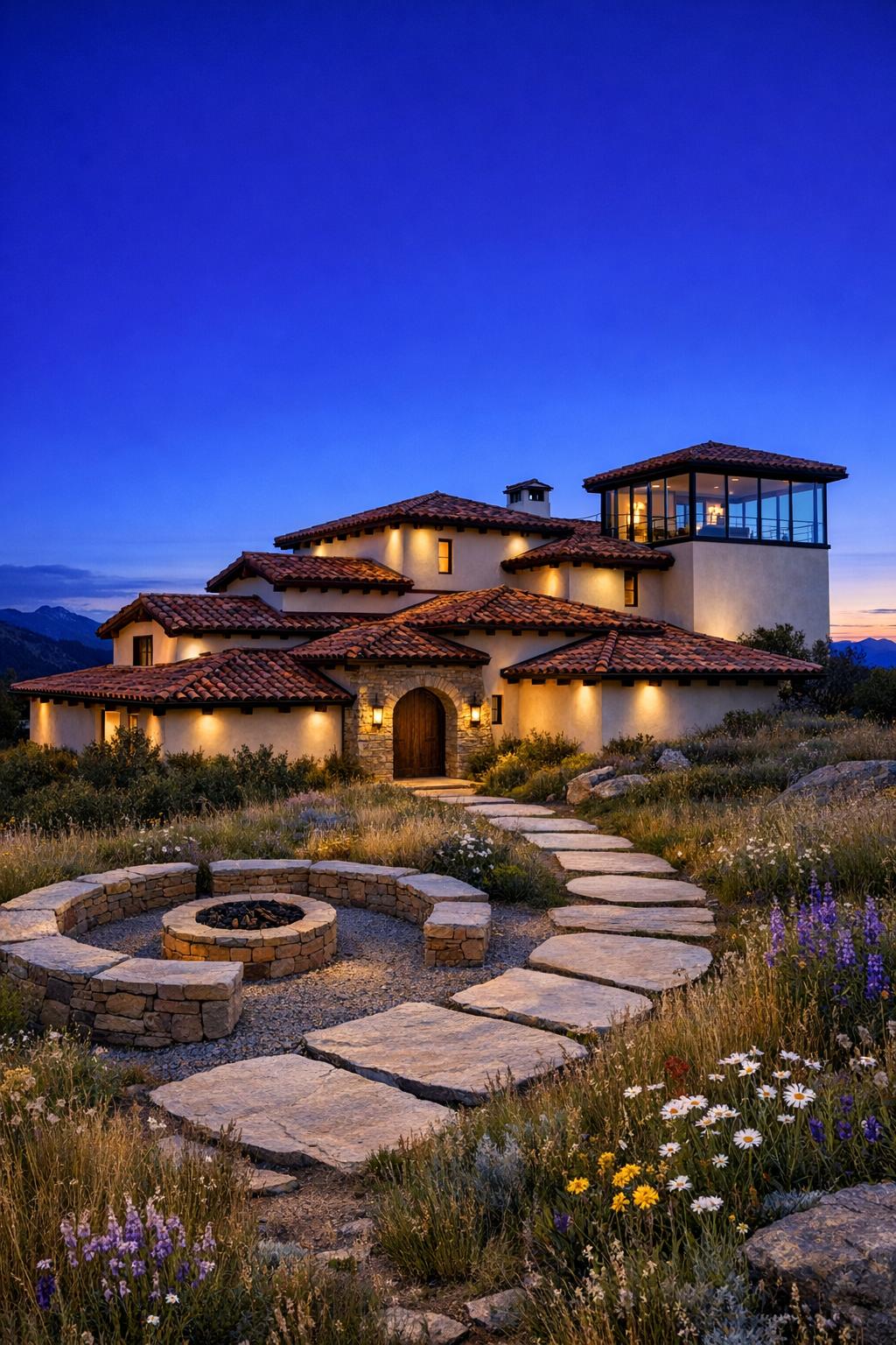 Spanish hillside villa with terracotta roofs, glass tower, and stone fire pit in wildflower garden at dusk
