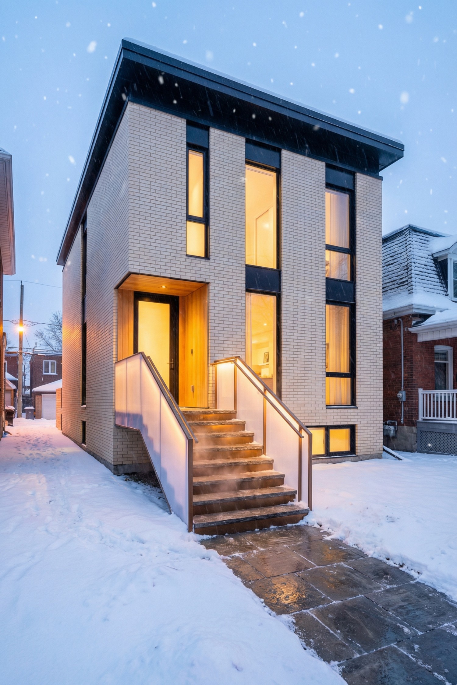 Modern brick townhouse with glowing front stair and frosted glass railings in winter snow
