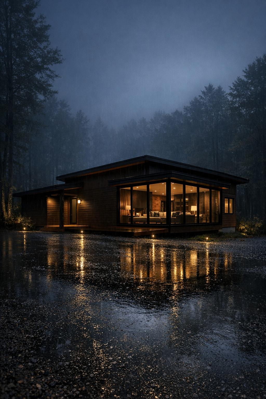 Modern timber cabin with wide glass walls glowing at night in the rain