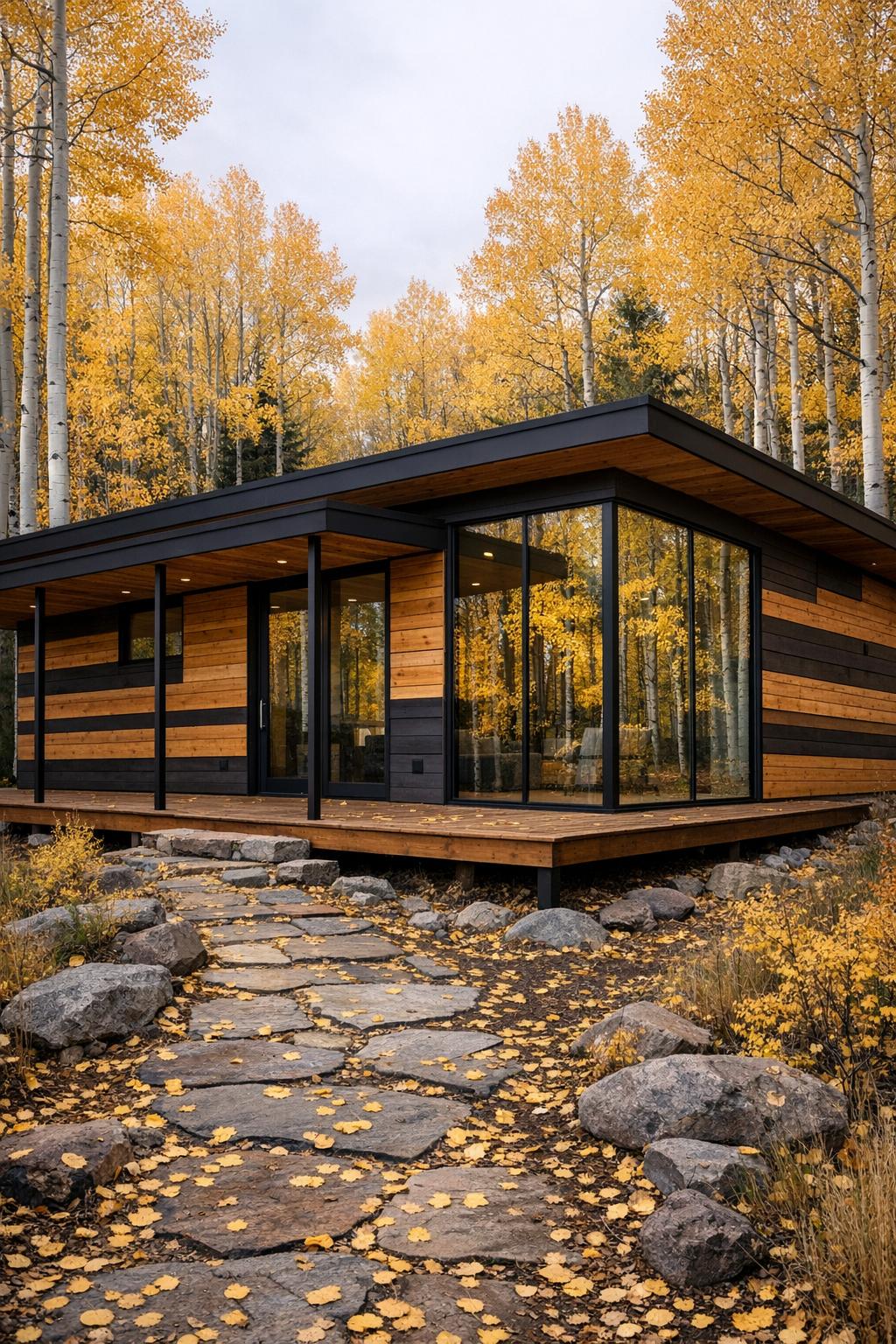 Modern timber cabin with floor to ceiling glass surrounded by golden autumn trees
