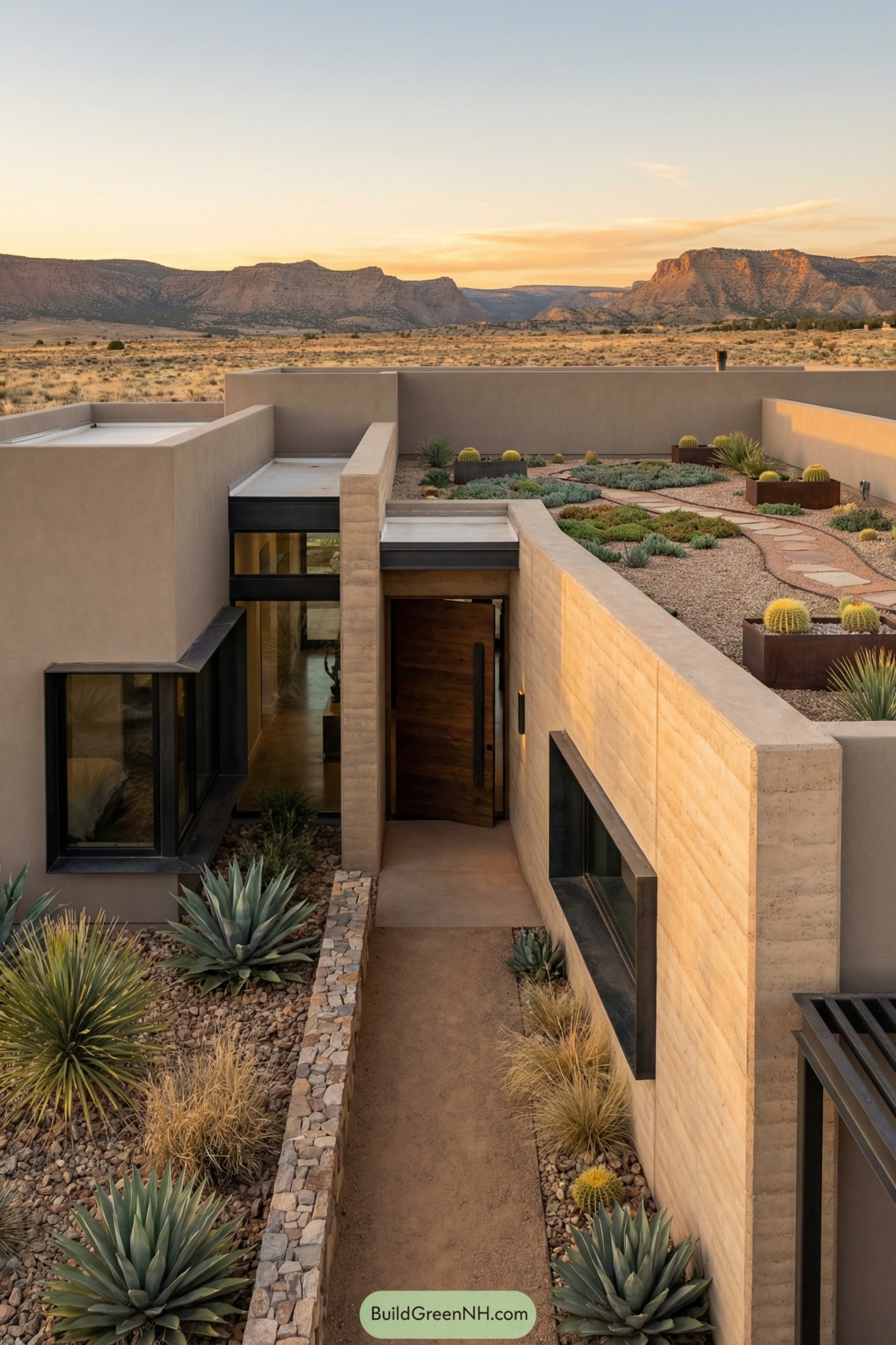 Modern desert home with rammed earth walls and a drought tolerant roof garden overlooking distant mesas