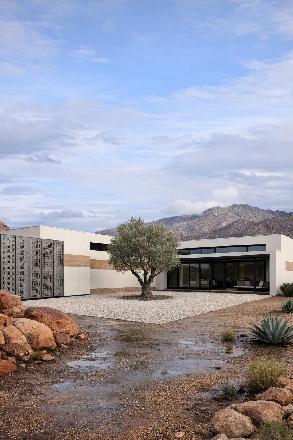 Minimalist desert home with central gravel courtyard and single tree