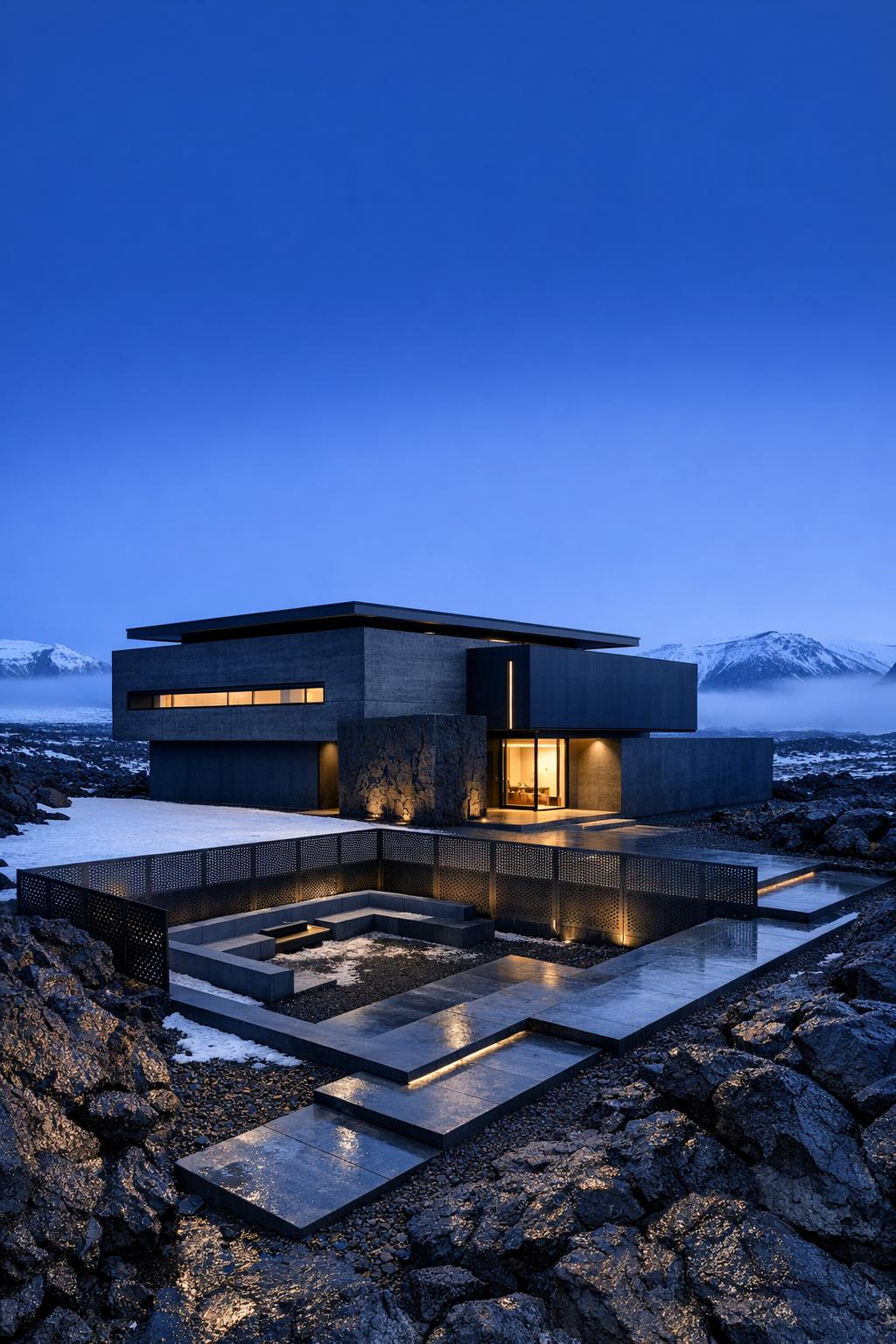 Concrete minimalist house with sunken courtyard in a rocky snowy landscape at dusk