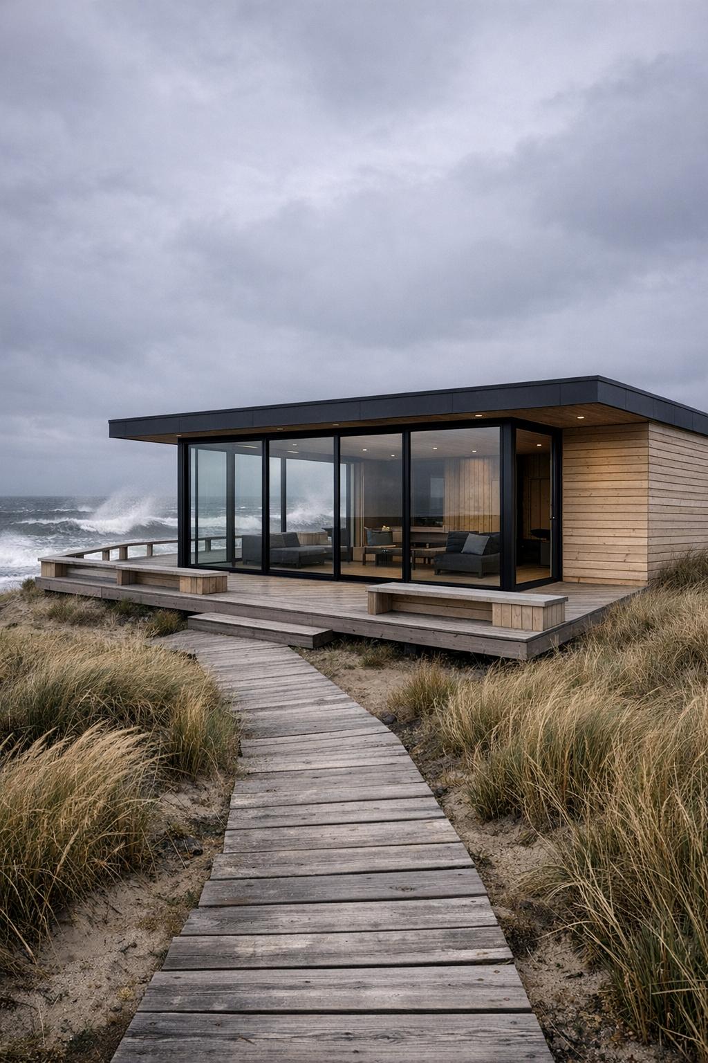 Modern timber cabin with floor to ceiling windows facing a rough sea