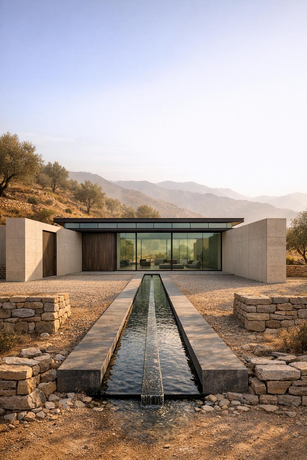 Minimalist concrete house with glass façade and narrow central water channel in a dry mountain landscape