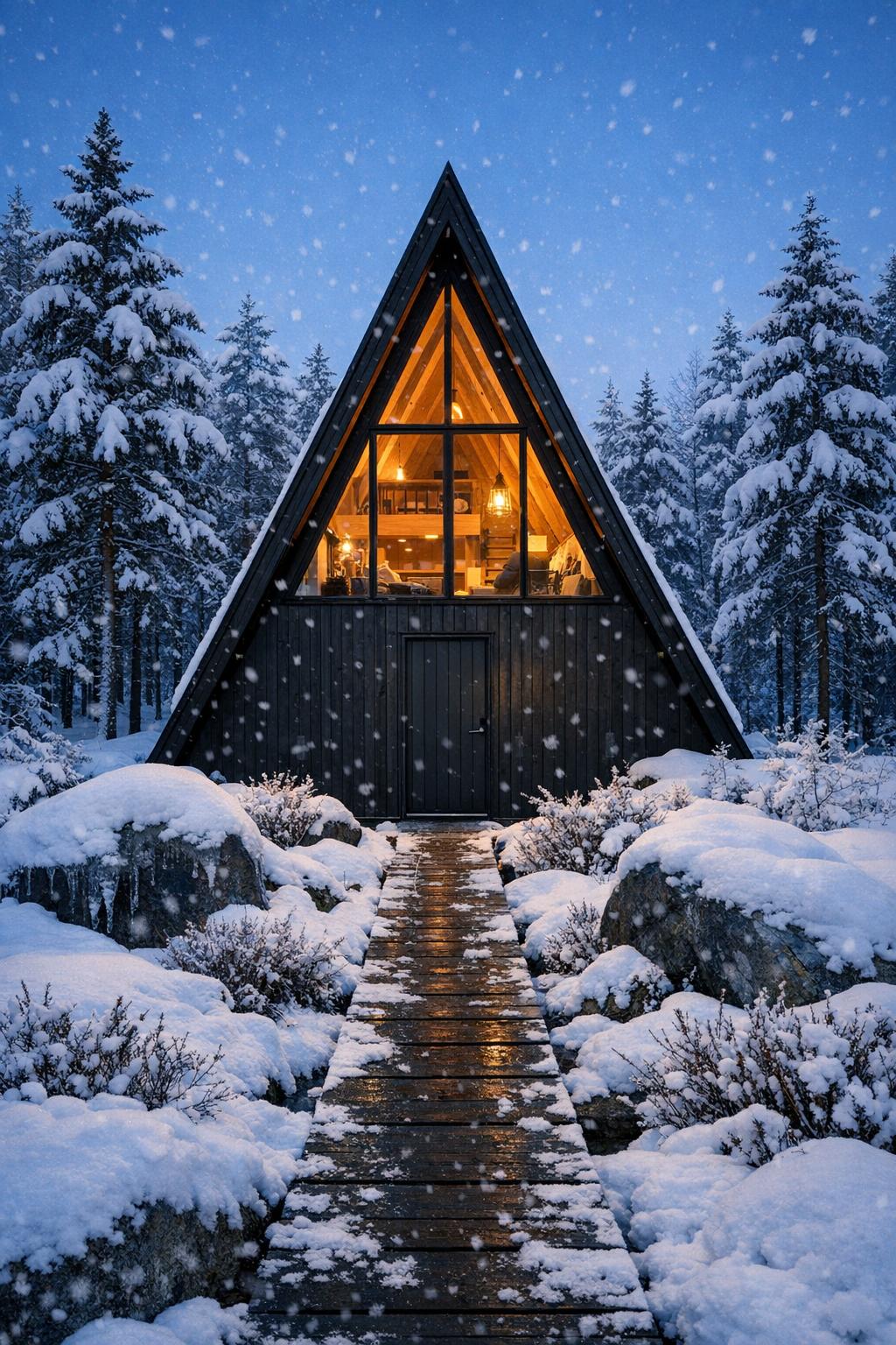 Cozy black A-frame cabin glowing in a snowy pine forest