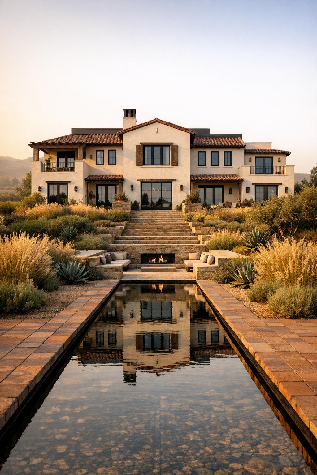 Show the entire villa in one frame from across a reflective rill garden that leads the eye to a contemporary Spanish facade creamy stucco walls