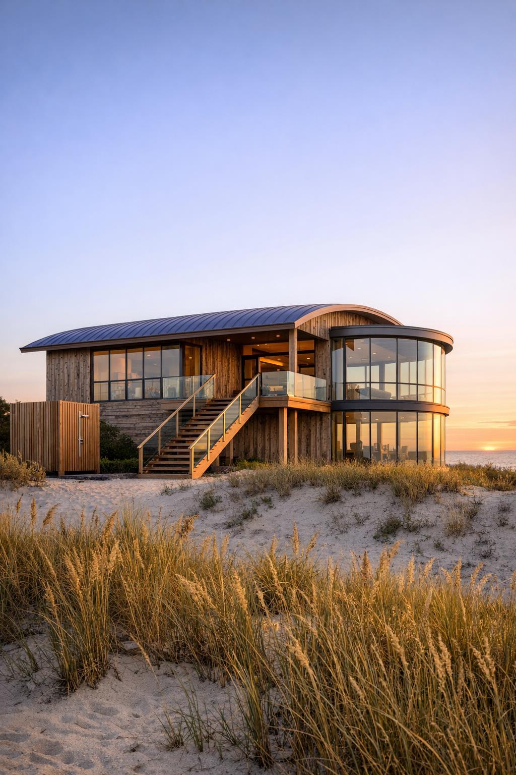 Modern wood and glass beach house at sunset