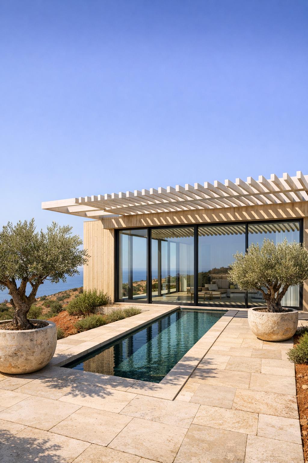 Timber cabin with large glass walls and narrow pool overlooking a coastal landscape