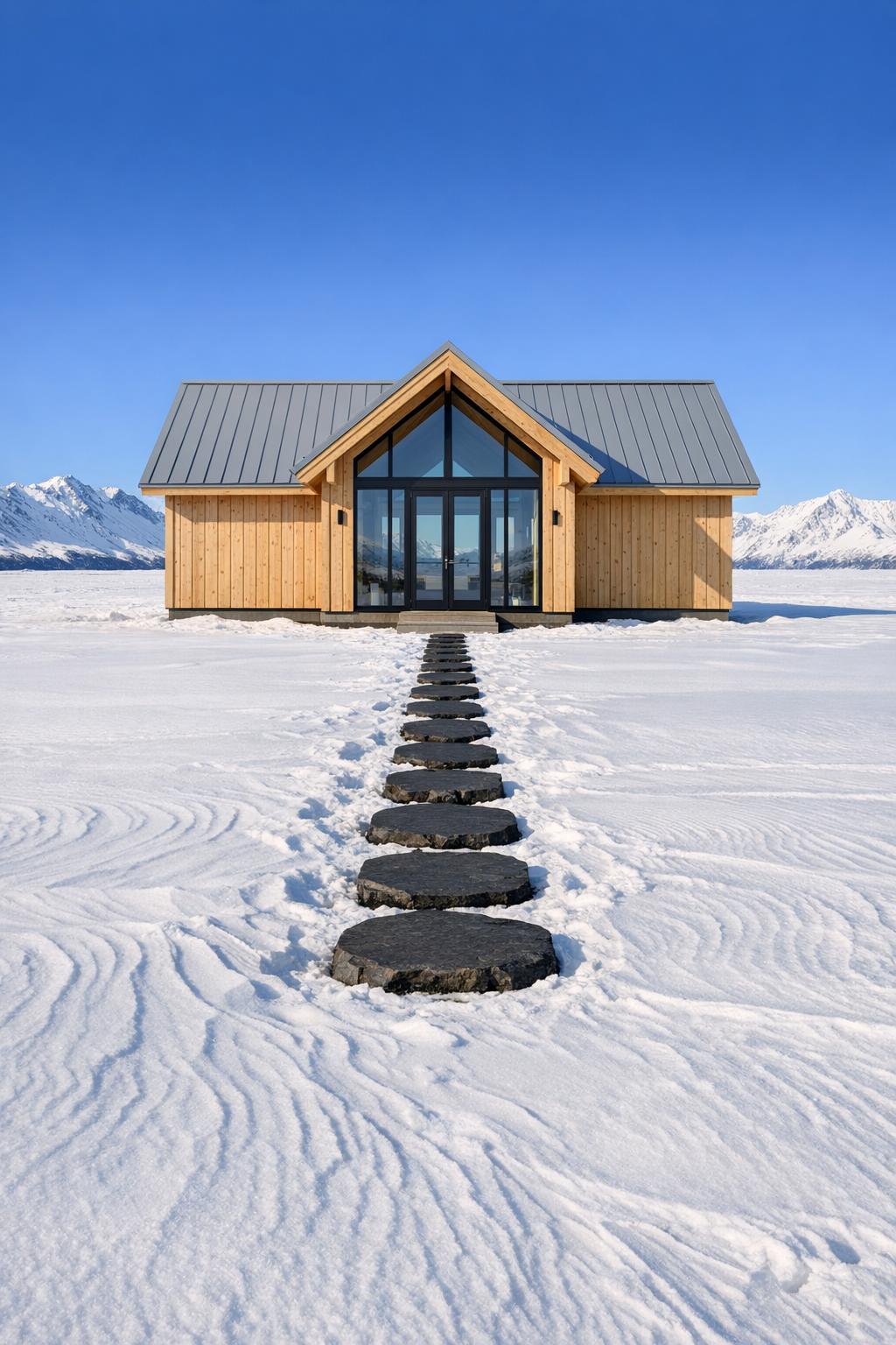 Cozy timber cabin with large glass front and stone path set in snowy landscape