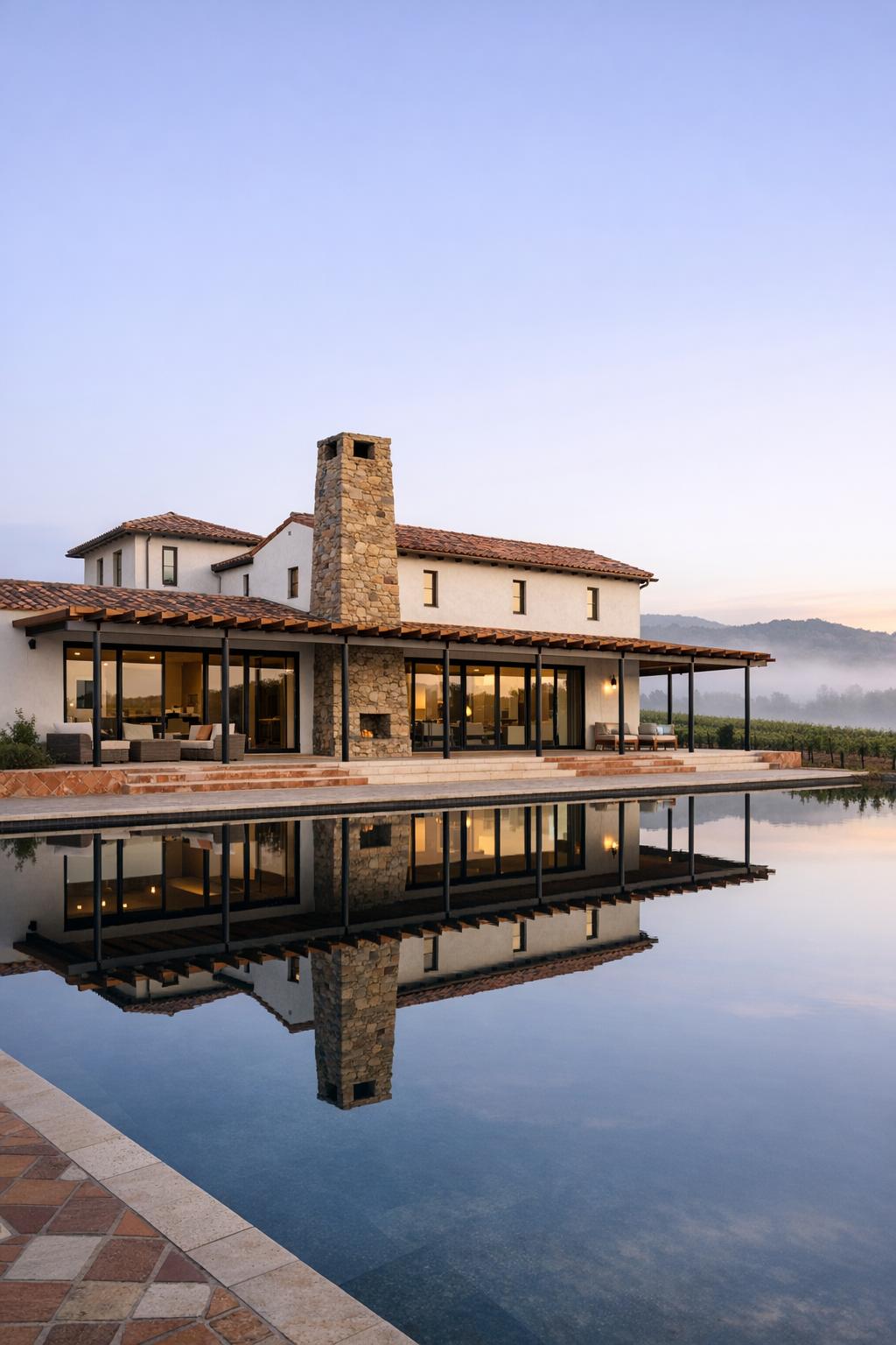 Modern Spanish villa with long veranda and reflective swimming pool at dusk