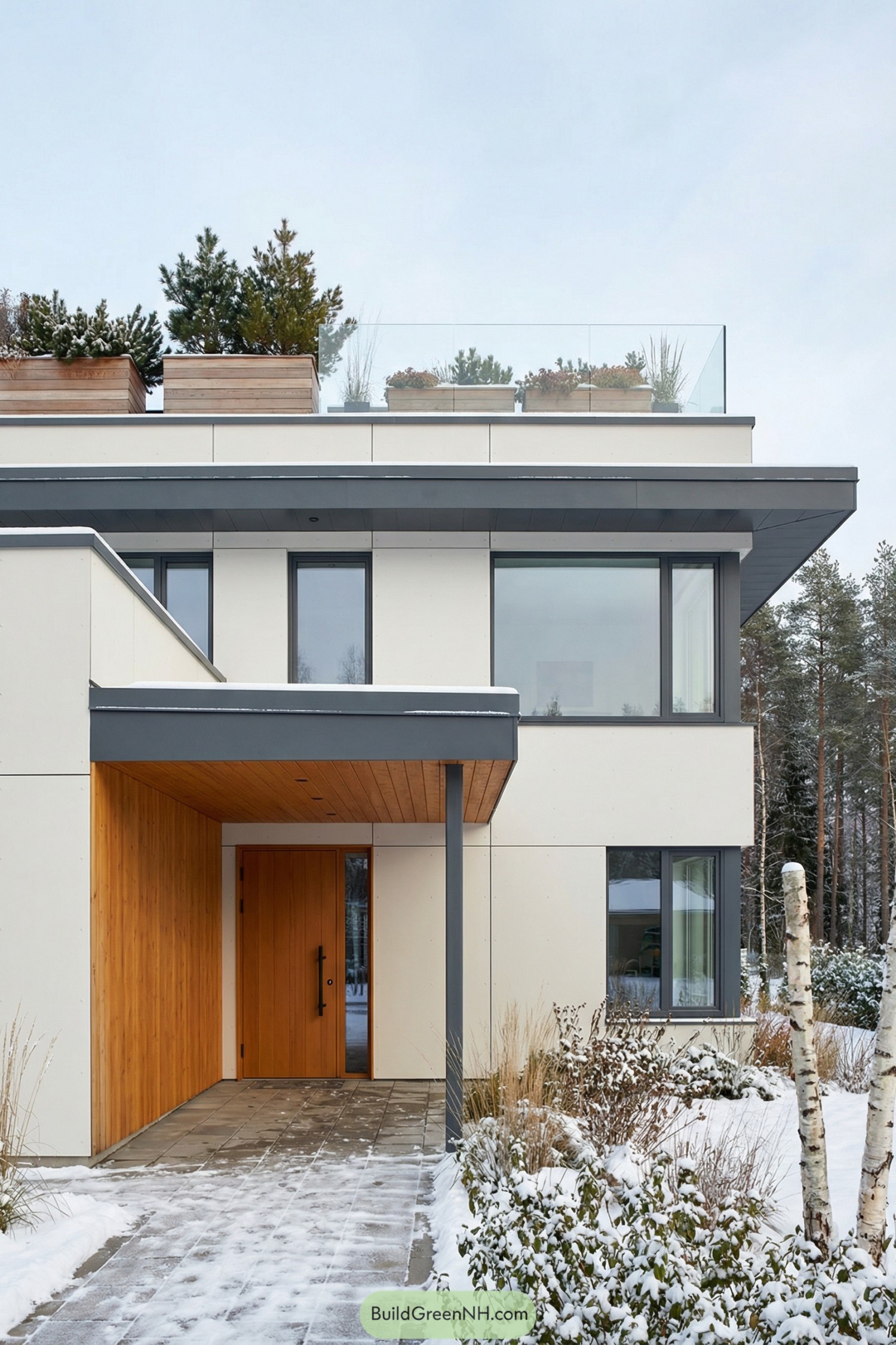 Modern two story house with roof garden planters and glass railing in a snowy landscape