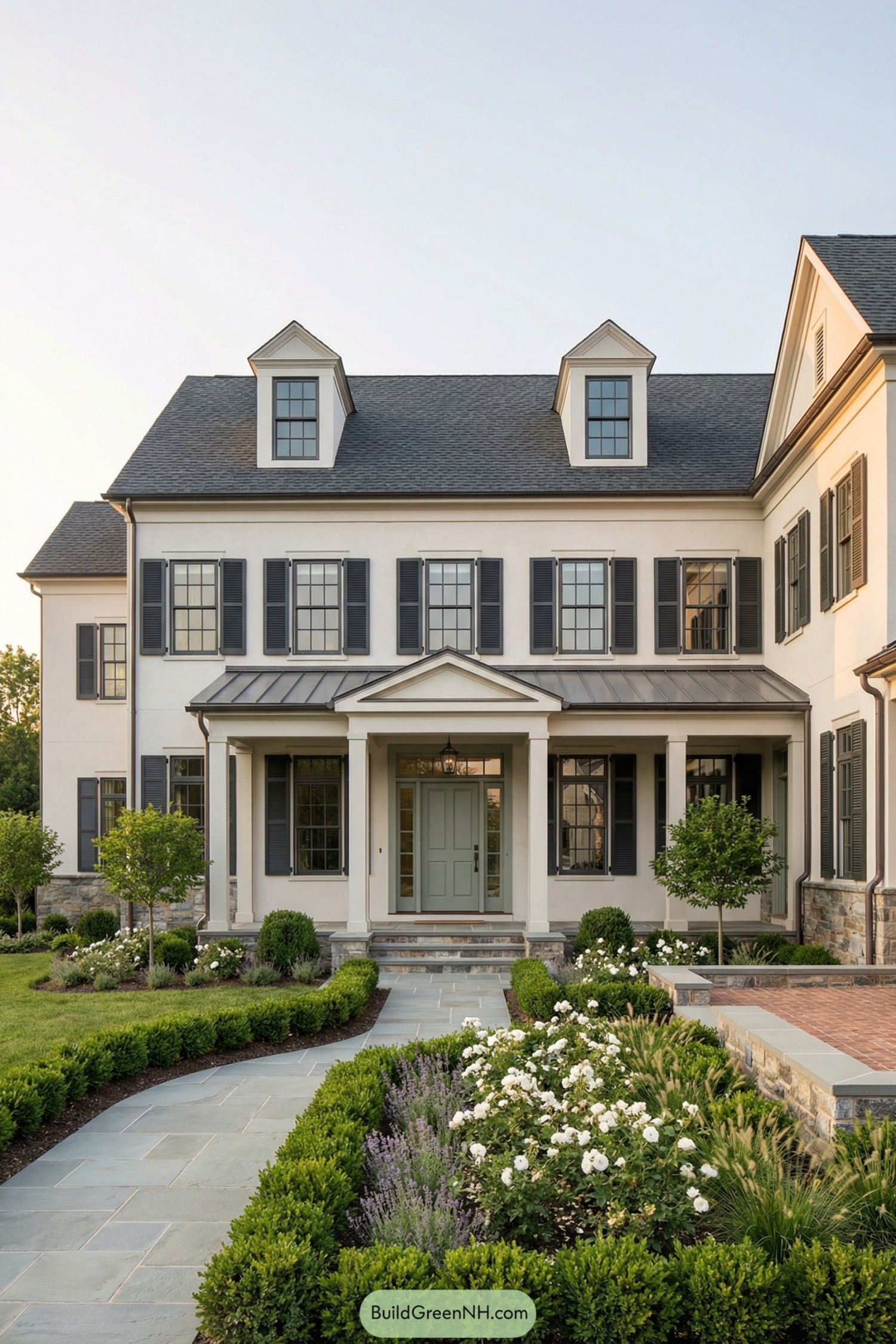 Elegant cream colonial home with dark shutters dormer roof and lush front garden