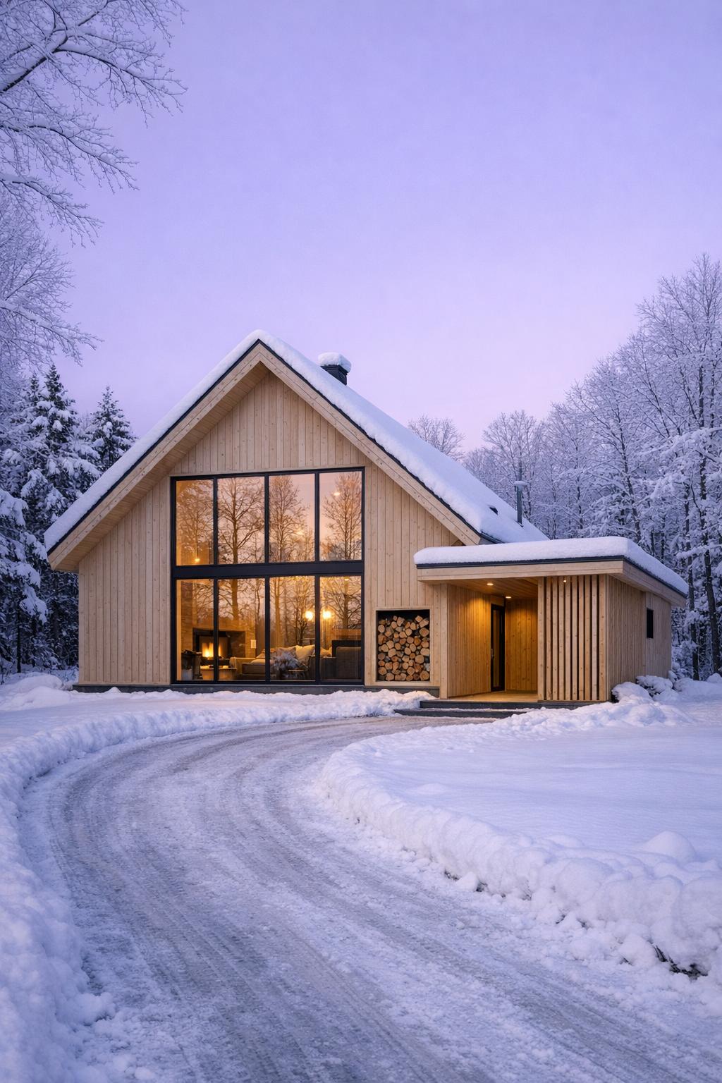 Modern timber cabin with large glass facade in snowy forest