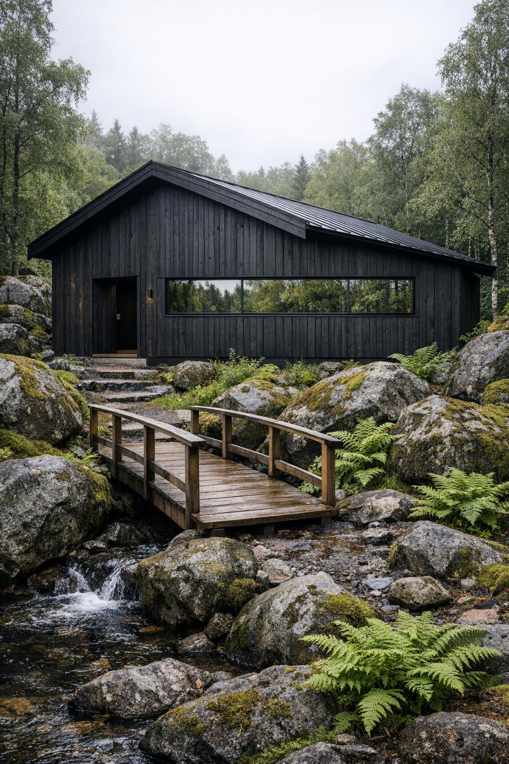 Dark wood cabin with long horizontal window and small bridge crossing a rocky stream in a lush forest