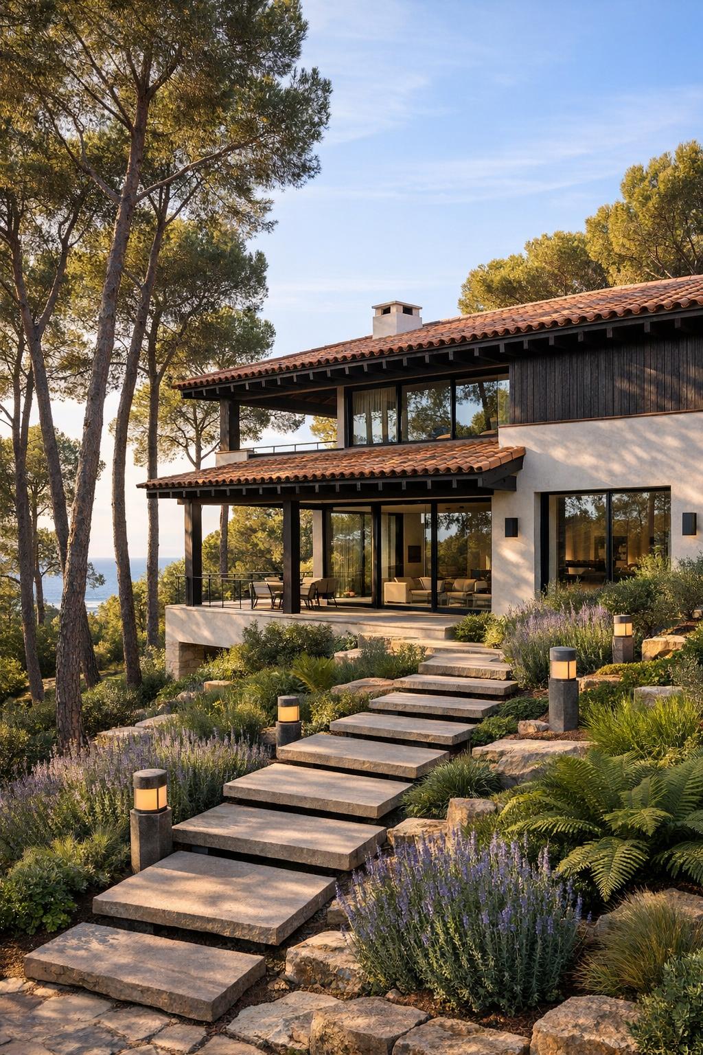 Modern Spanish villa with terraced stone path and lush Mediterranean garden