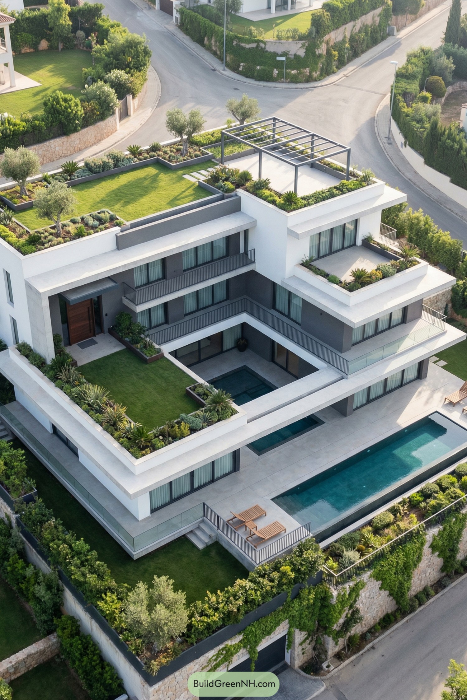 Multi level modern home with layered roof gardens and a long swimming pool