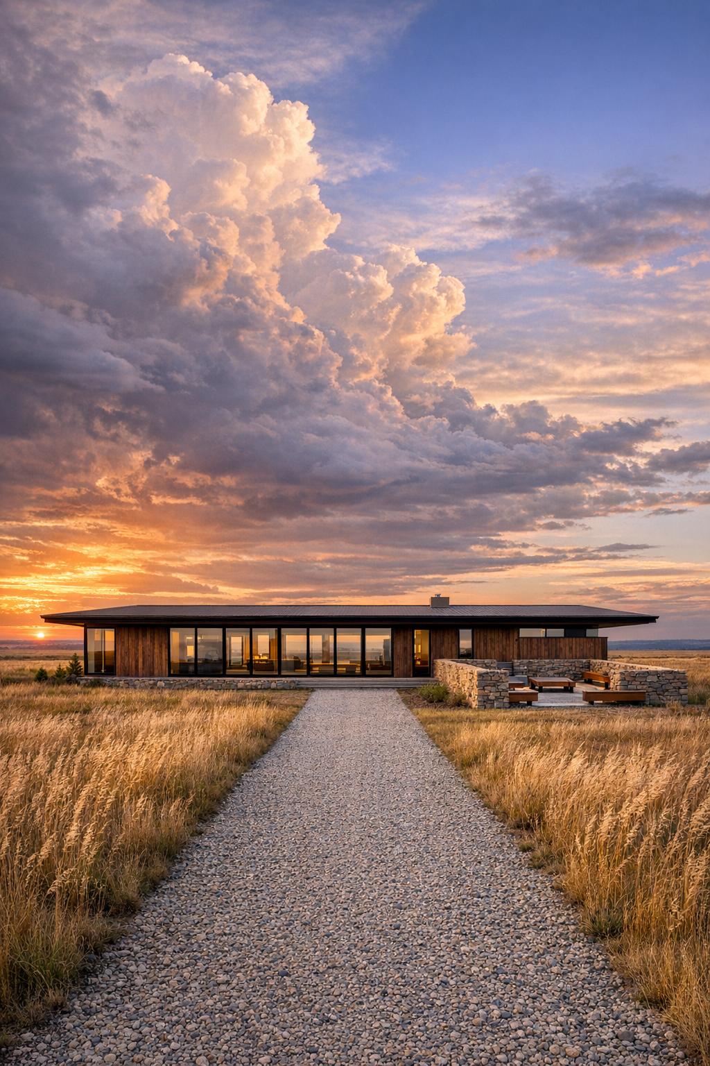 Modern low glass and wood house set in an open prairie at sunset