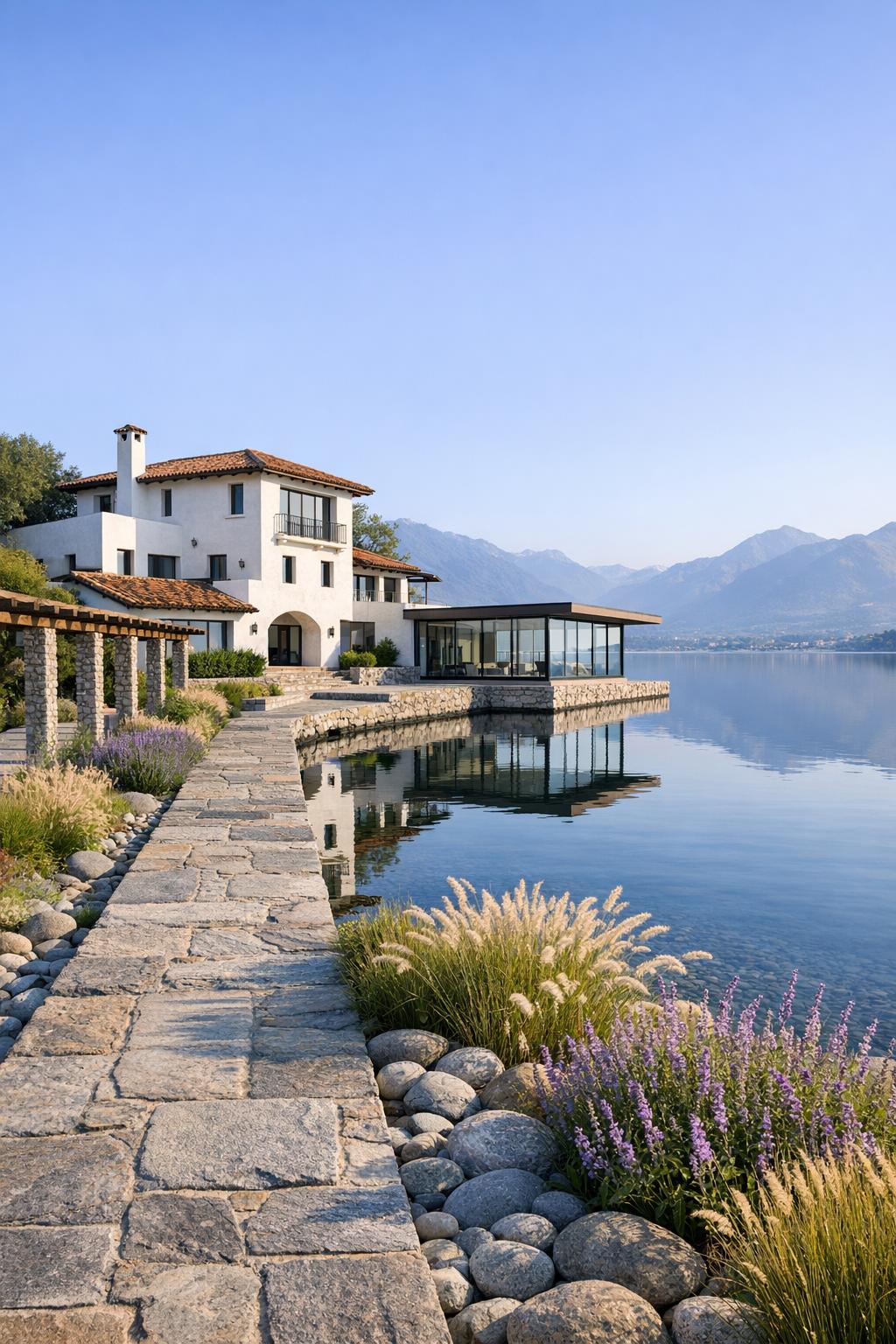 White stucco lakeside villa with terracotta roofs, glass pavilion, stone path, and lush waterside planting