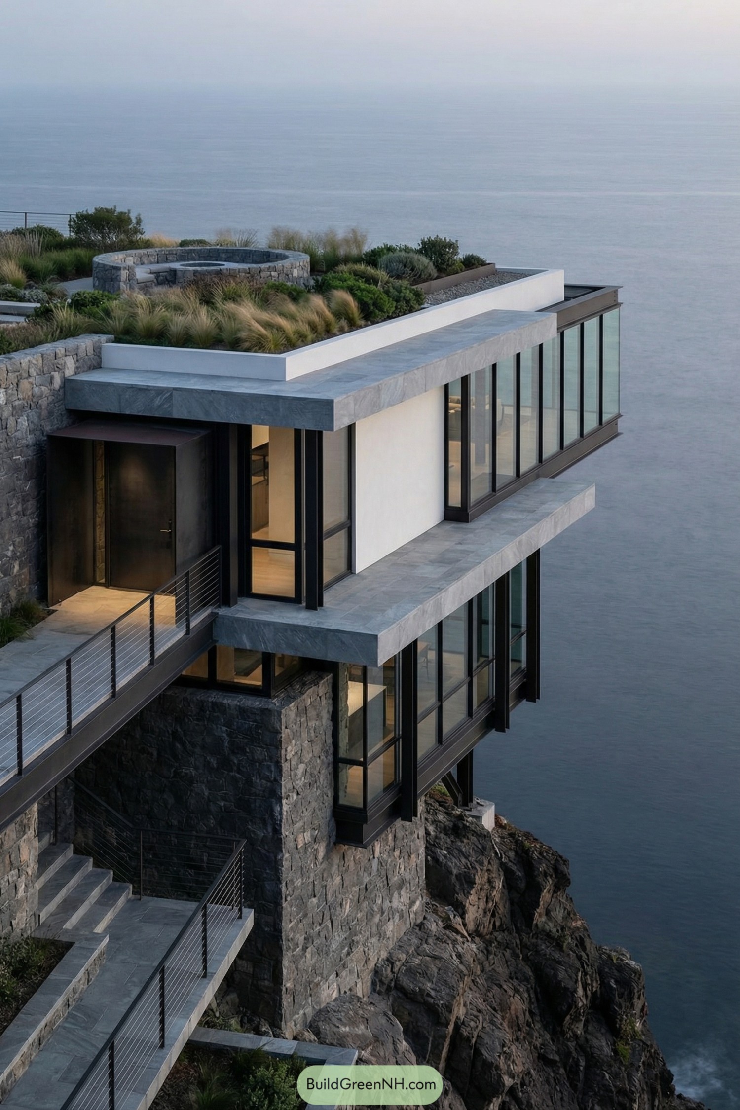 Modern clifftop house with green roof garden and full-height glass walls overlooking the ocean