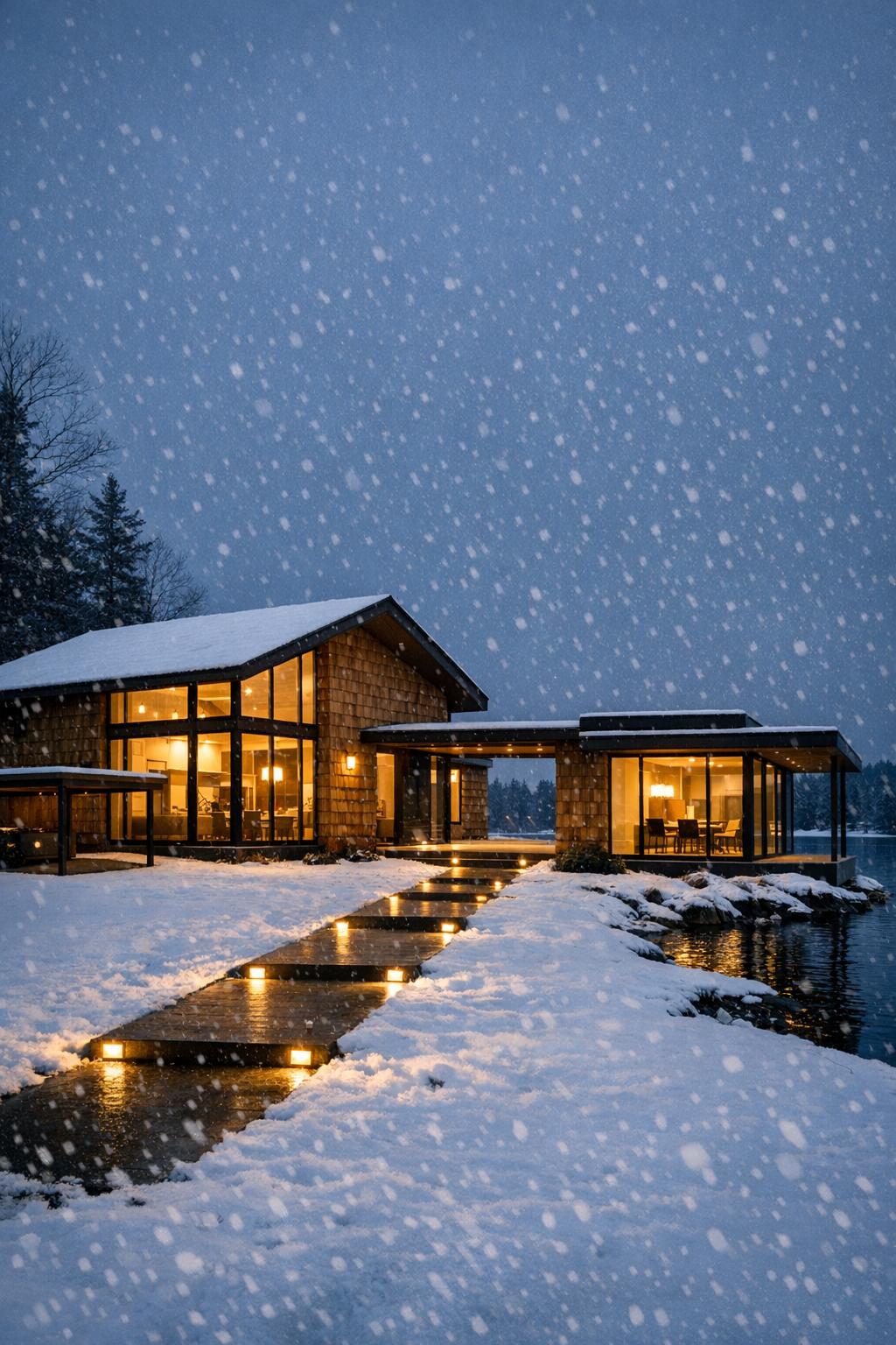 Modern wood and glass lake house in heavy snow at dusk