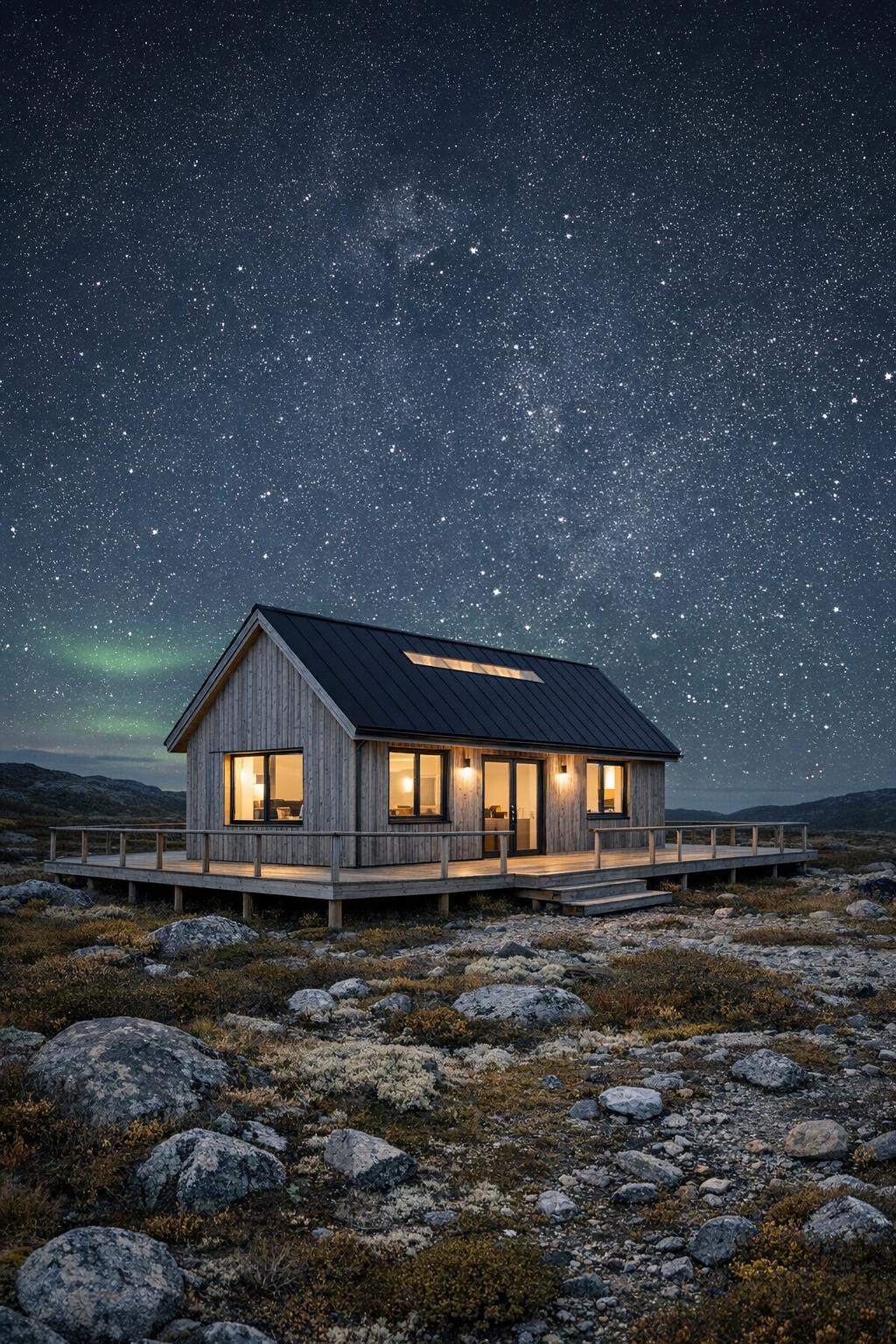 Modern wooden cabin on rocky tundra at night