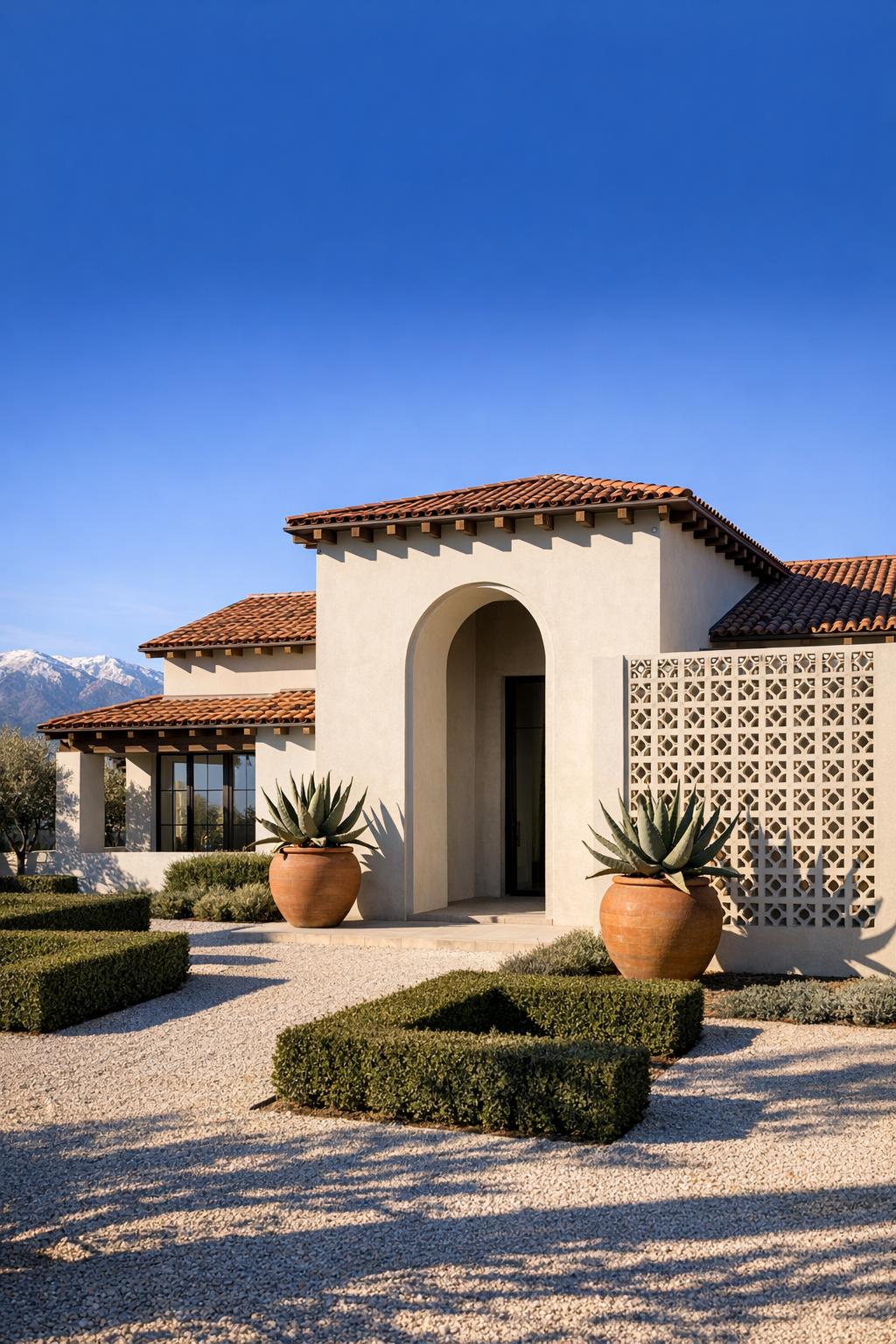 Stucco Spanish-style villa with arched entry, terracotta roof, and sculpted gravel garden featuring agave planters and boxwood hedges