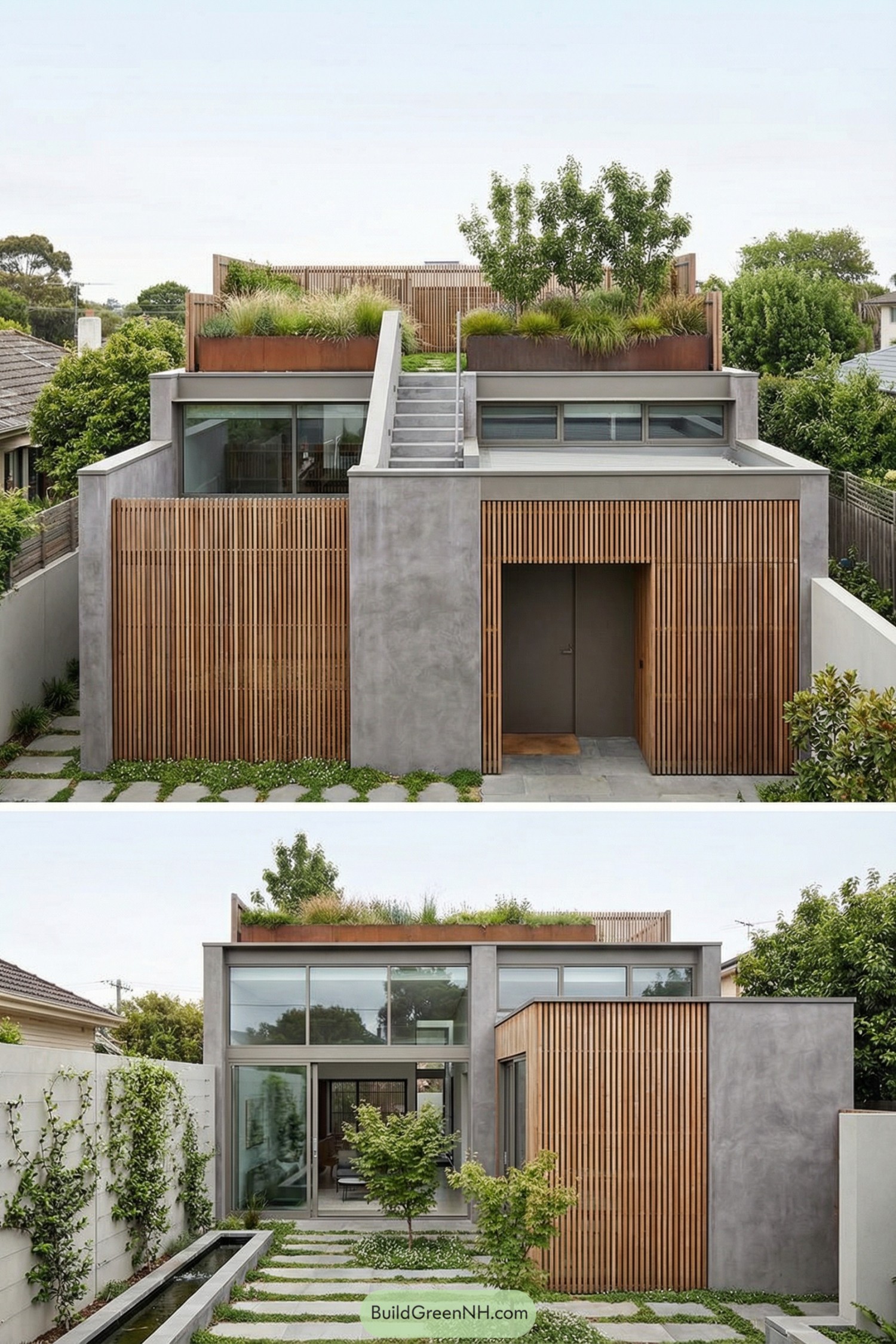 Modern concrete house with rooftop garden planters and wood slat accents