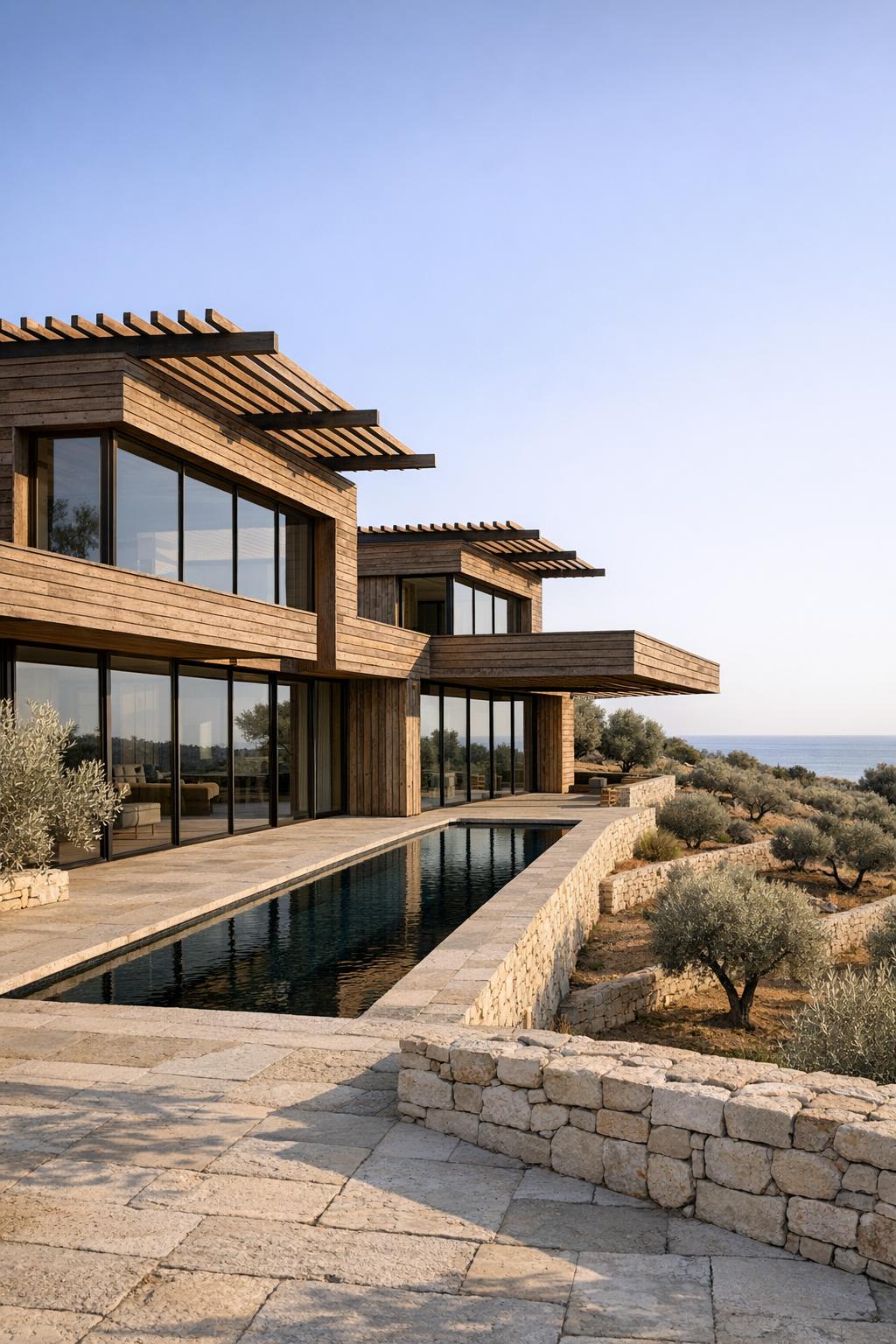 Modern wood and glass villa overlooking sea with narrow lap pool and stone terraces