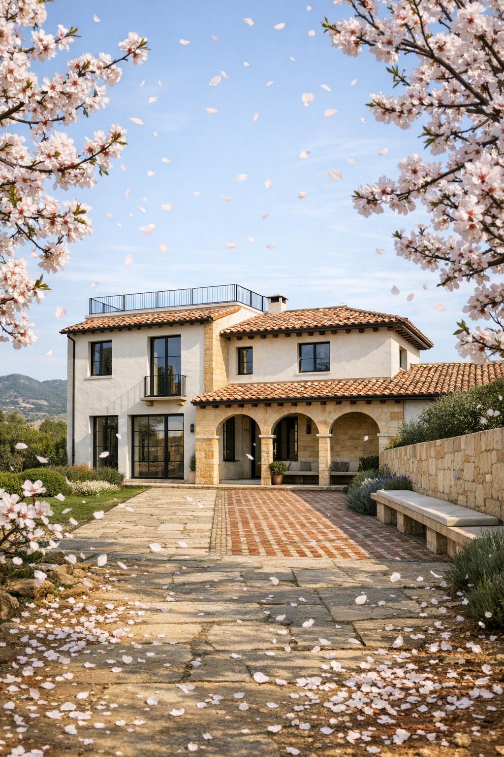 Spanish villa with stone arches framed by blooming trees and a petal-covered garden path