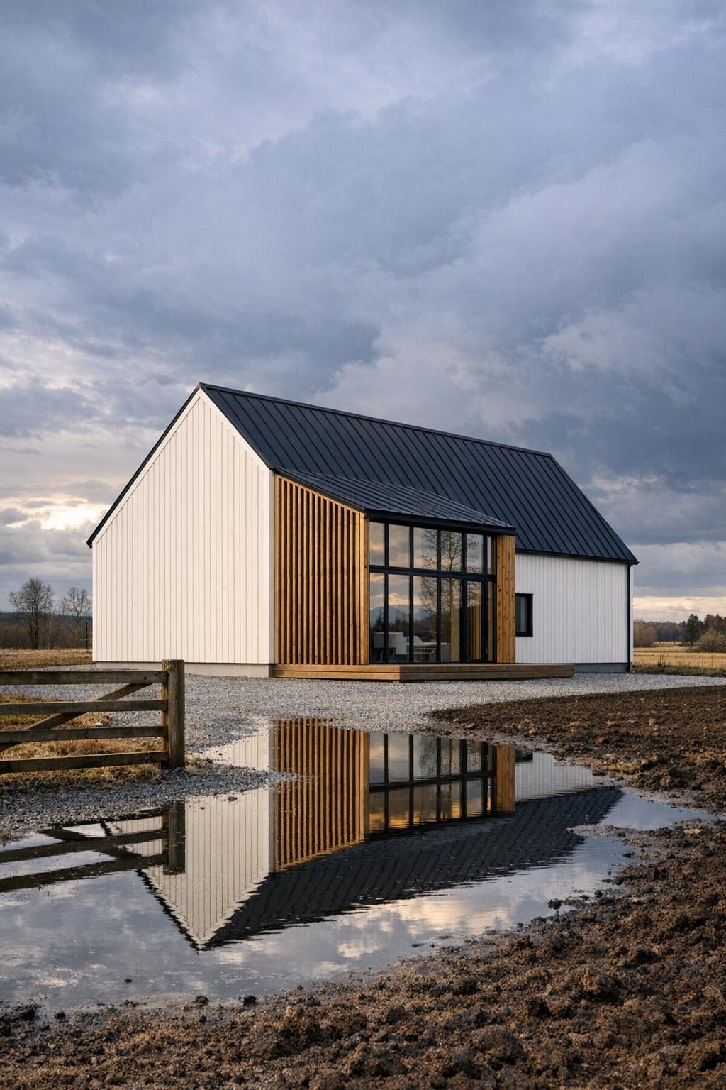 Modern gabled cabin with white siding, black roof, and timber screened glass facade reflected in a puddle