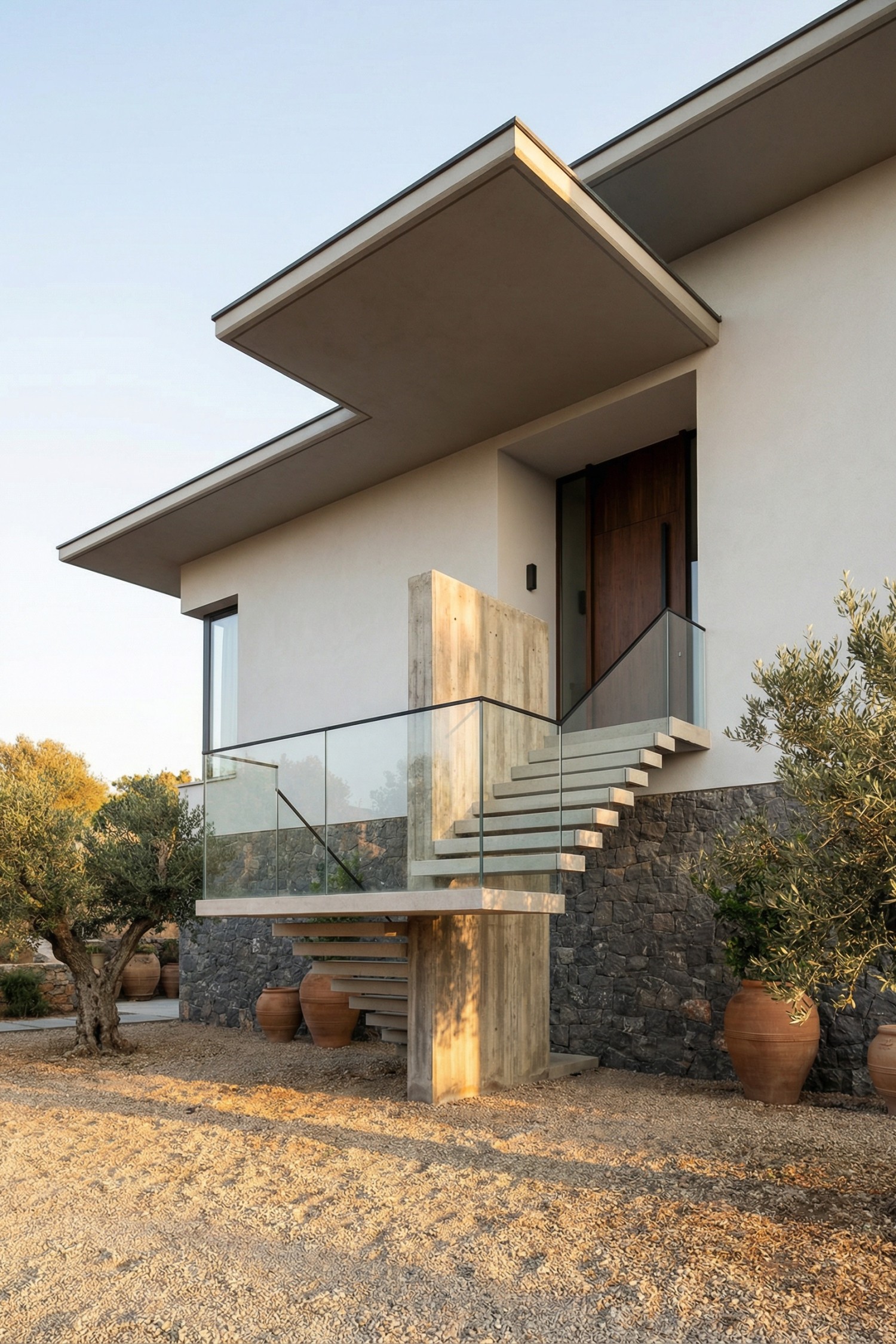 Concrete and glass exterior staircase with floating steps rising from a stone base to a modern front door