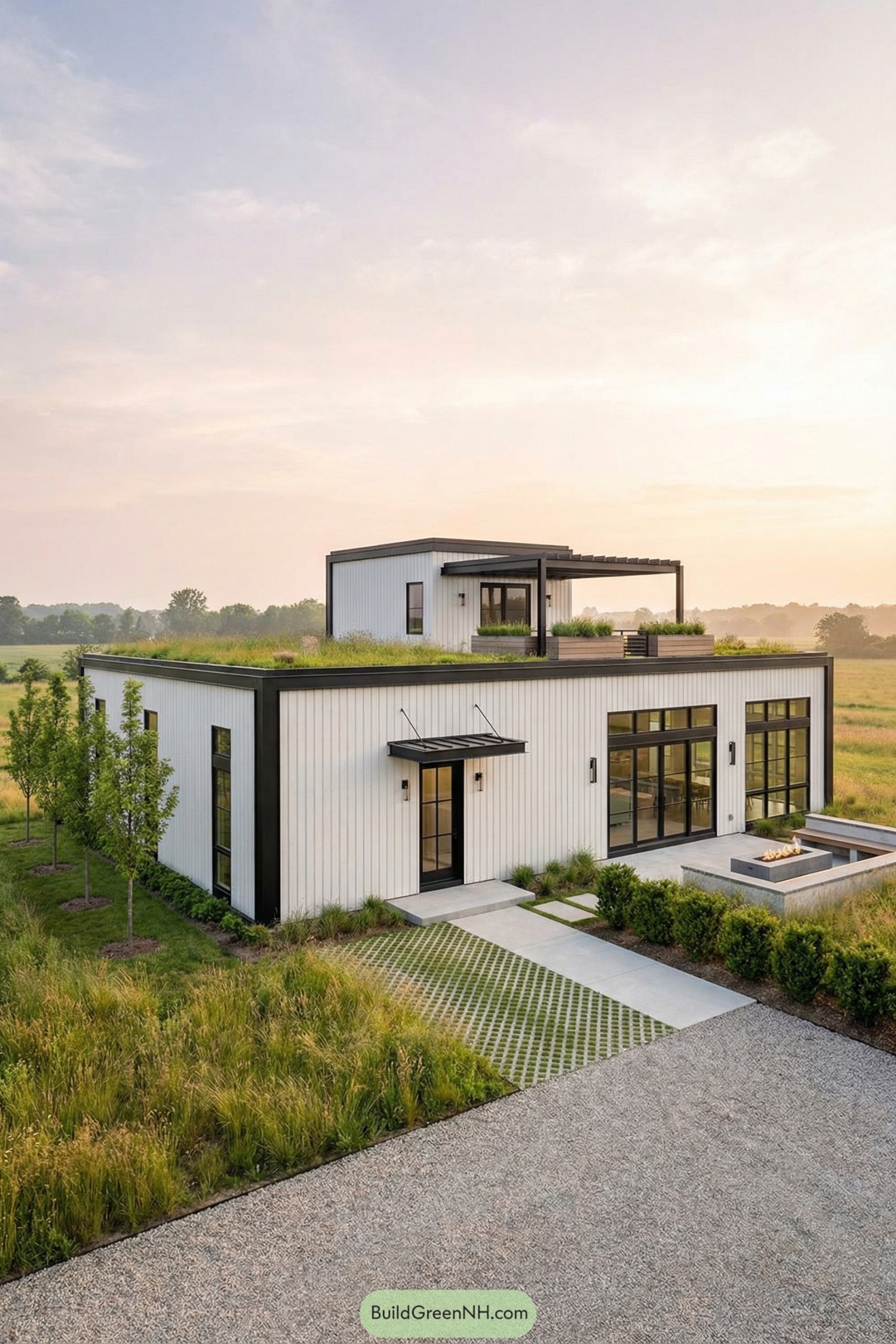 Modern white two story house with layered green roof terraces and a pergola lounge overlooking open fields