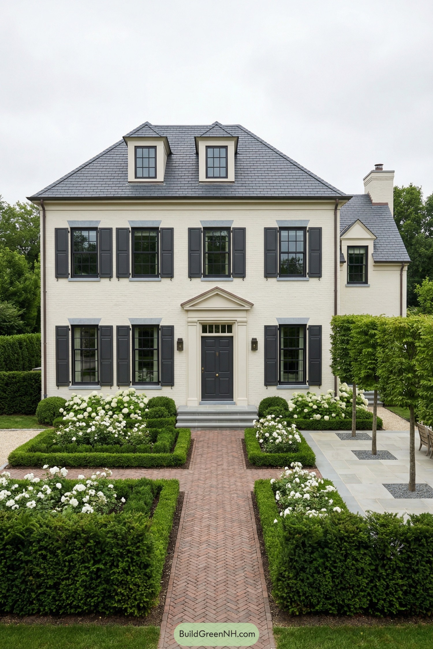 Elegant cream brick colonial home with dark shutters and a formal boxwood and rose front garden