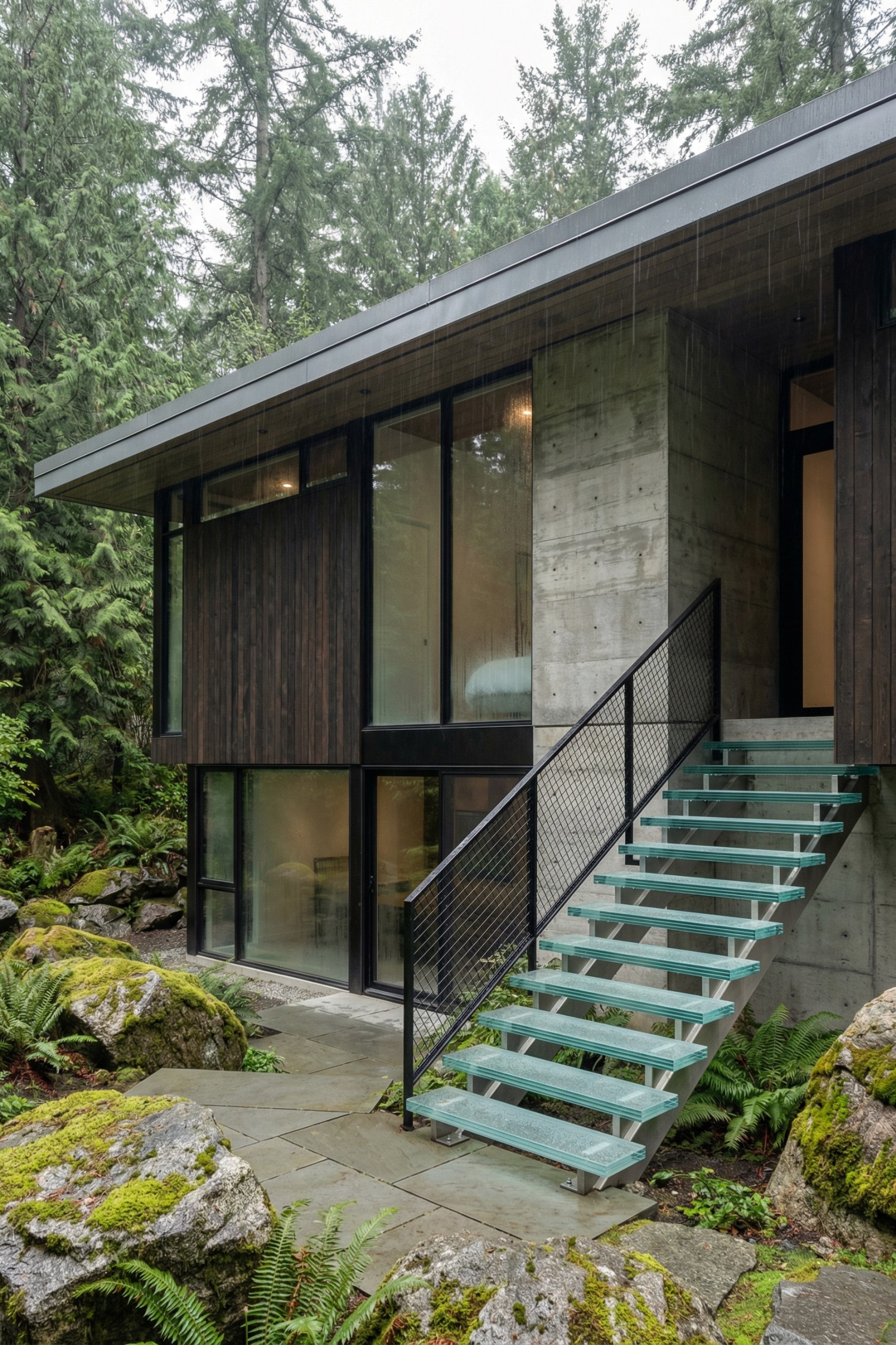 Modern forest house exterior with glass and steel staircase against concrete wall and large windows