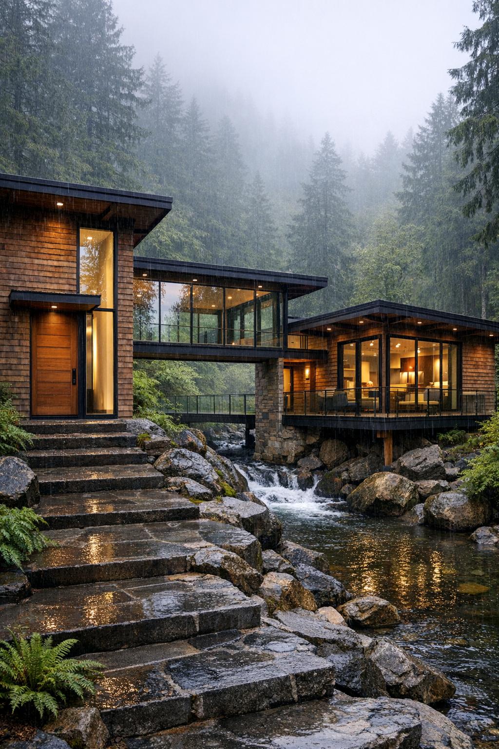 Modern wood and glass house spanning a rocky forest stream